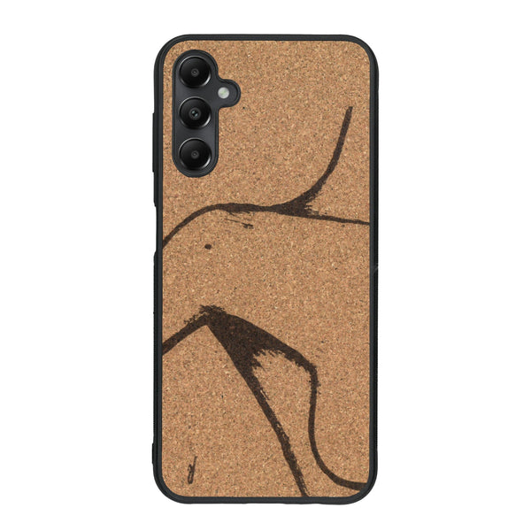 Coque de protection en bois véritable fabriquée en France pour Samsung A15 représentant une silhouette féminine dessinée à la main par l'artiste Maud Dabs