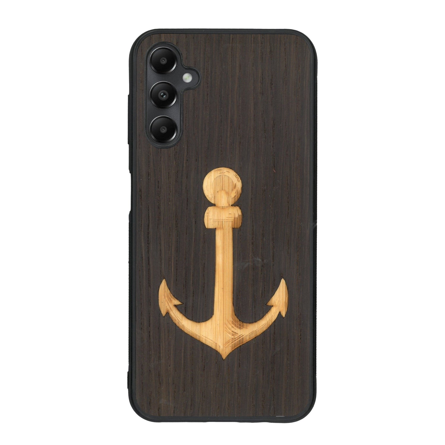 Coque de protection en bois véritable fabriquée en France pour Samsung A15 sur le thème nautique avec un bois clair et un bois foncé représentant une ancre de bateau
