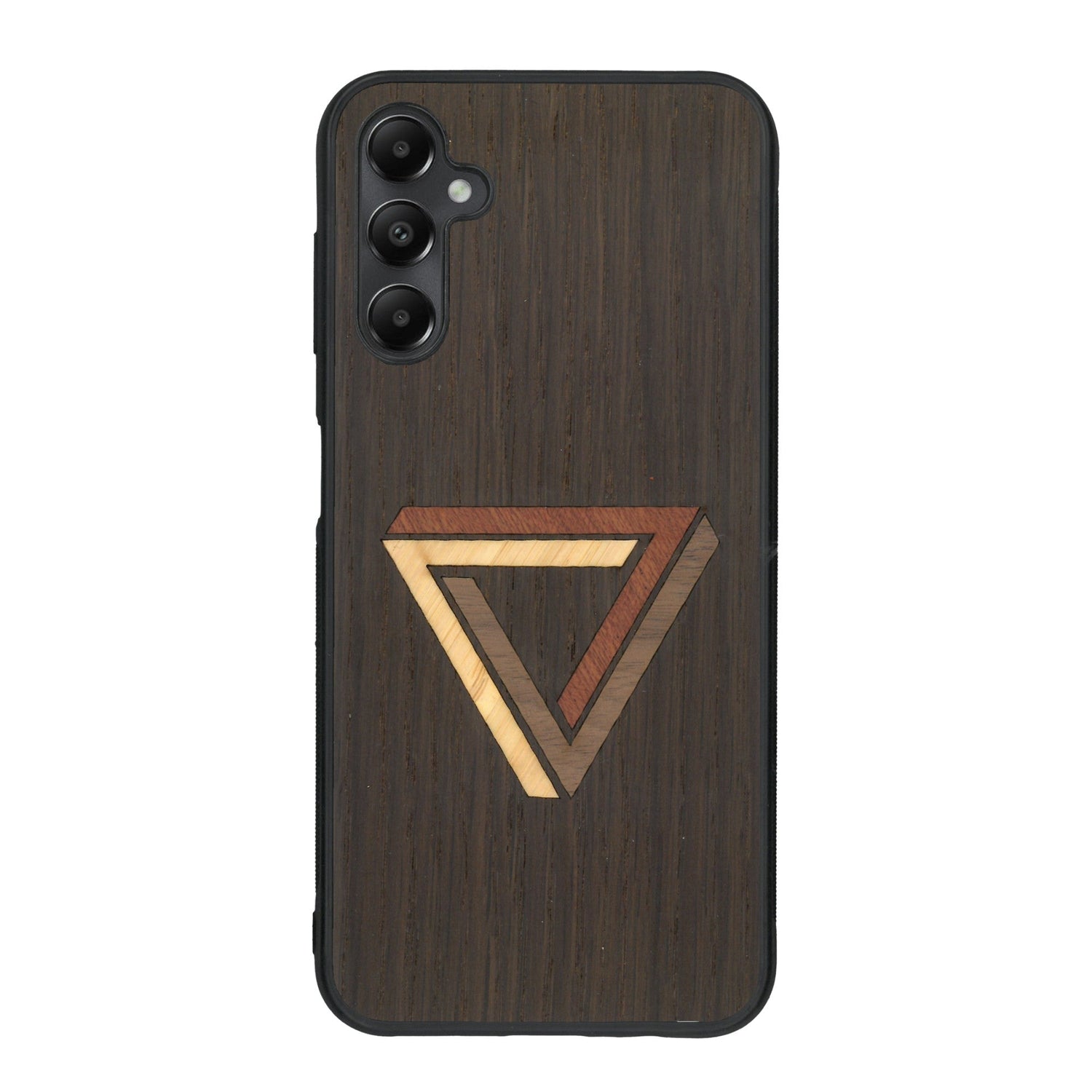 Coque de protection en bois véritable fabriquée en France pour Samsung A15 sur le thème de l'art géométrique qui allie du chêne fumé, du noyer, du bambou et du padouk représentant le triangle de penrose