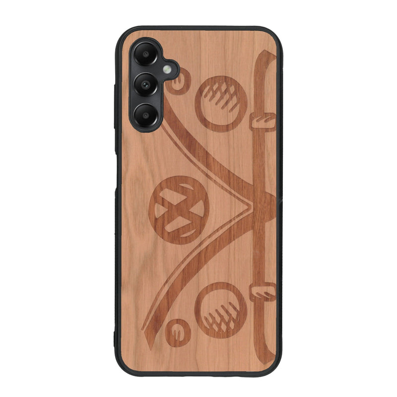 Coque de protection en bois véritable fabriquée en France pour Samsung A15 sur le thème de l'automobile avec un van combi