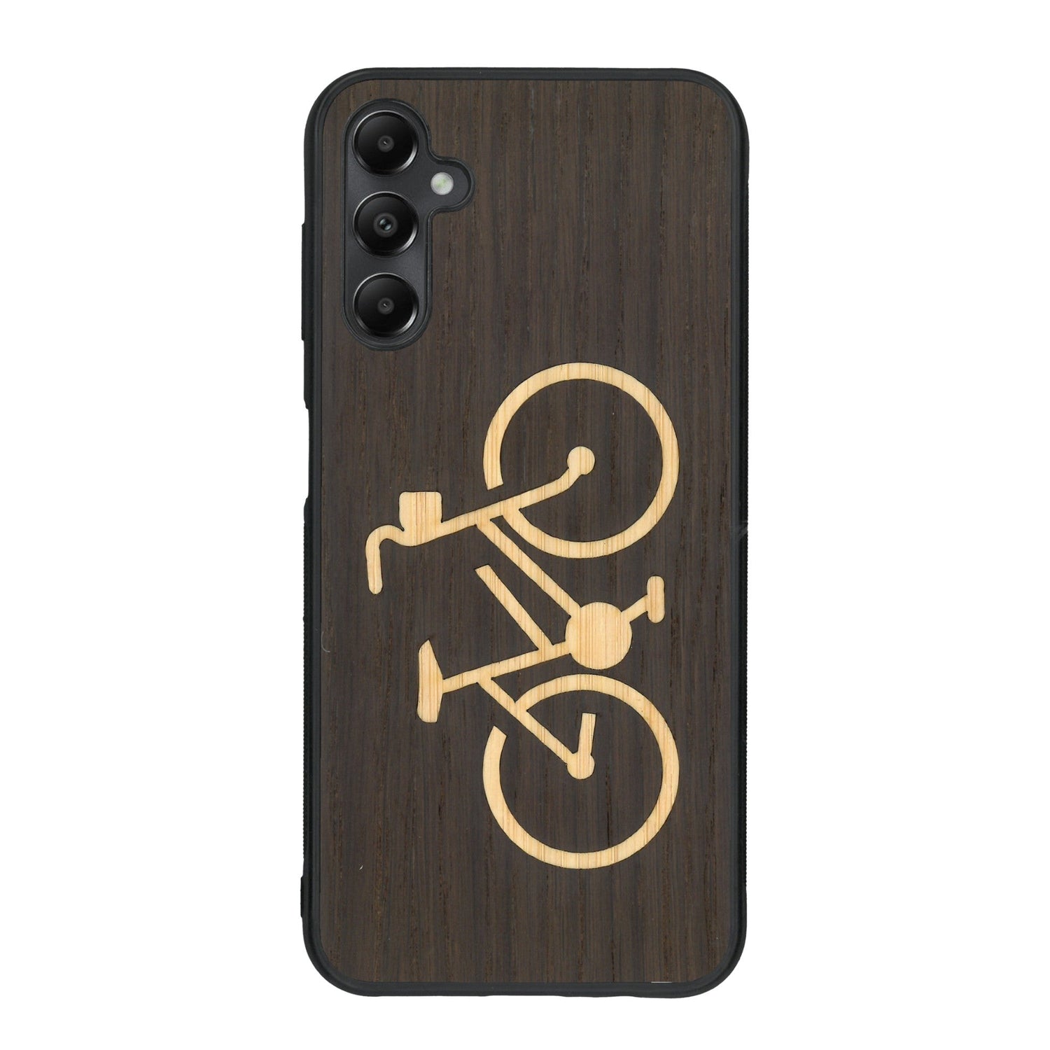 Coque de protection en bois véritable fabriquée en France pour Samsung A15 sur le theme du vélo et de l'outdoor qui allie du bambou et du chêne fumé représentant un vélo