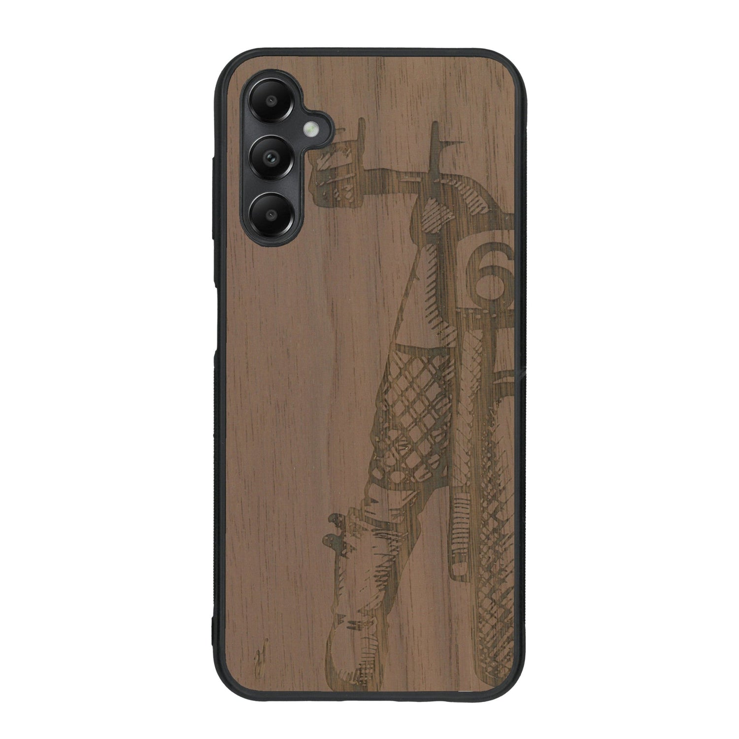 Coque de protection en bois véritable fabriquée en France pour Samsung A15 représentant une vue de face d'une femme sur une moto vintage dessinée à la main par l'artiste Maud Dabs