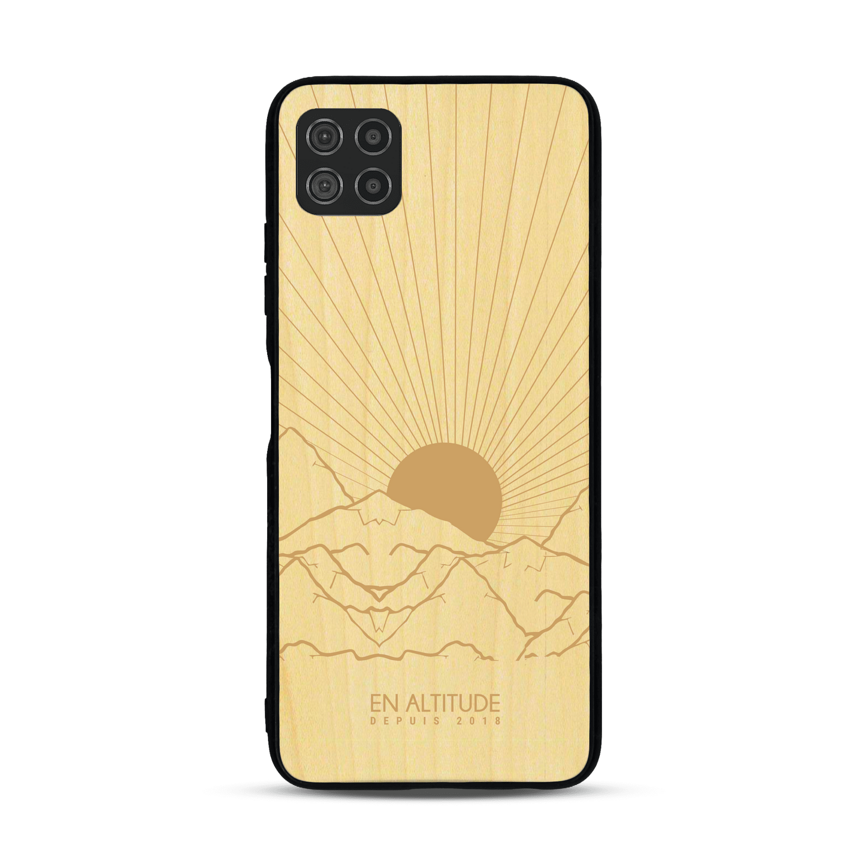 Coque de protection en bois véritable fabriquée en France pour  représentant des montagnes, sur le thème de la randonnée en pleine nature et du trail