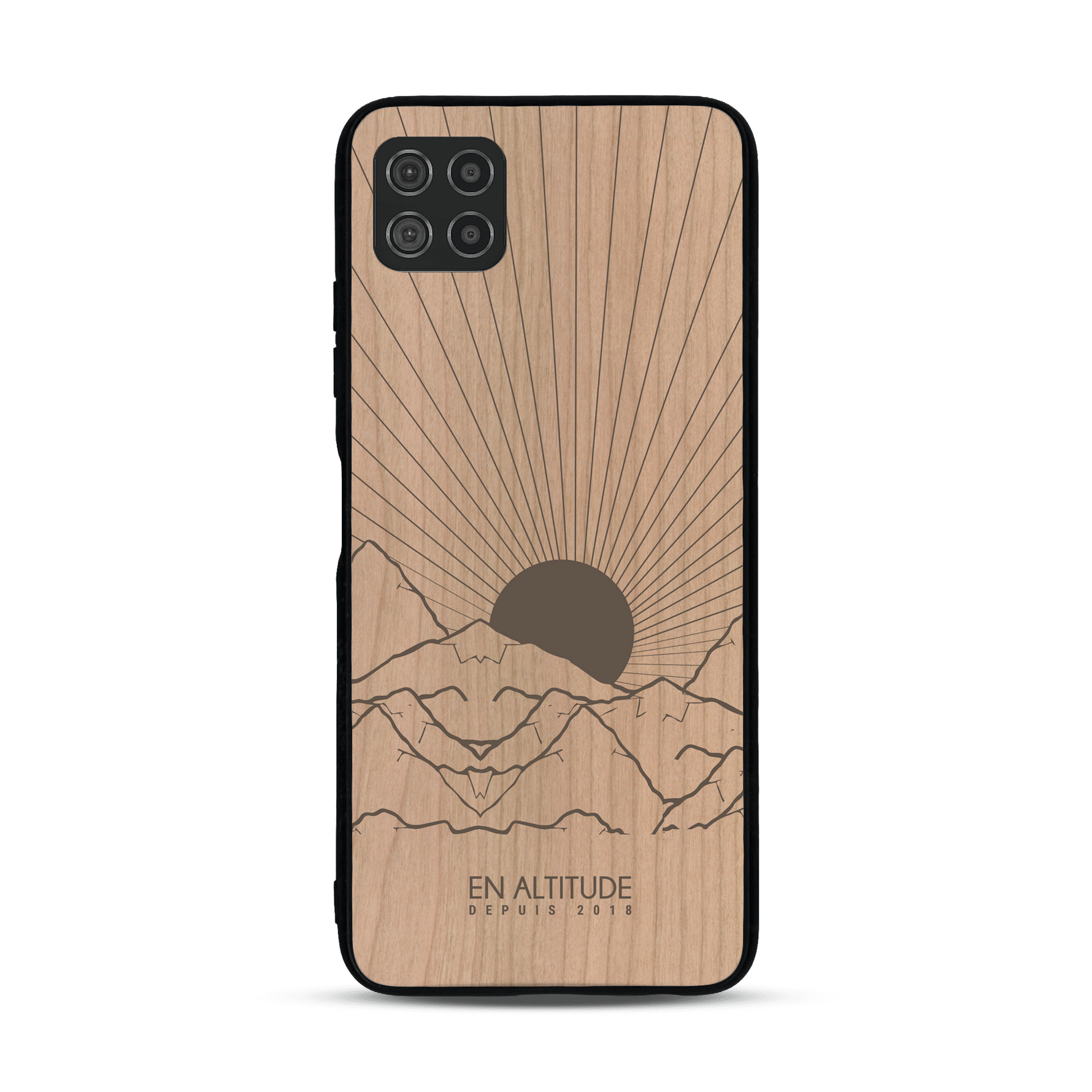 Coque de protection en bois véritable fabriquée en France pour  représentant des montagnes, sur le thème de la randonnée en pleine nature et du trail