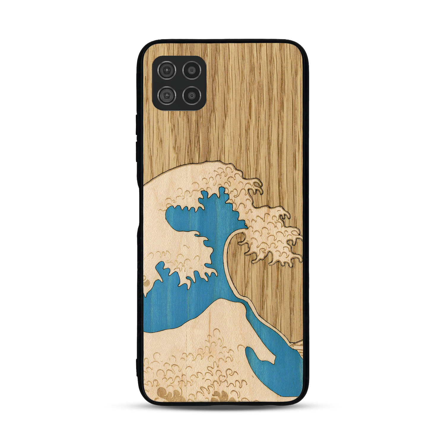 Coque de protection en bois véritable fabriquée en France pour  alliant plusieurs essences de bois pour représenter la célèbre grande vague de Kanagawa
