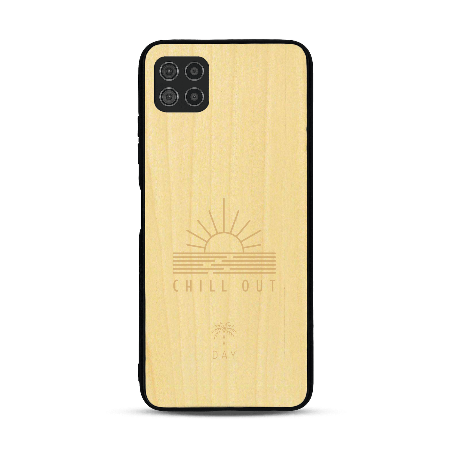 Coque de protection en bois véritable fabriquée en France pour  sur le thème chill avec un motif représentant un couché de soleil sur l'océan et la phrase "Chill out"