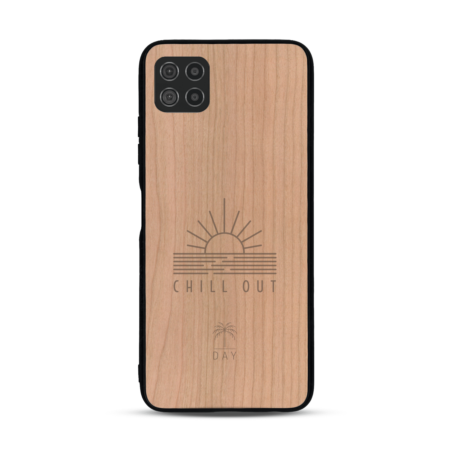 Coque de protection en bois véritable fabriquée en France pour  sur le thème chill avec un motif représentant un couché de soleil sur l'océan et la phrase "Chill out"