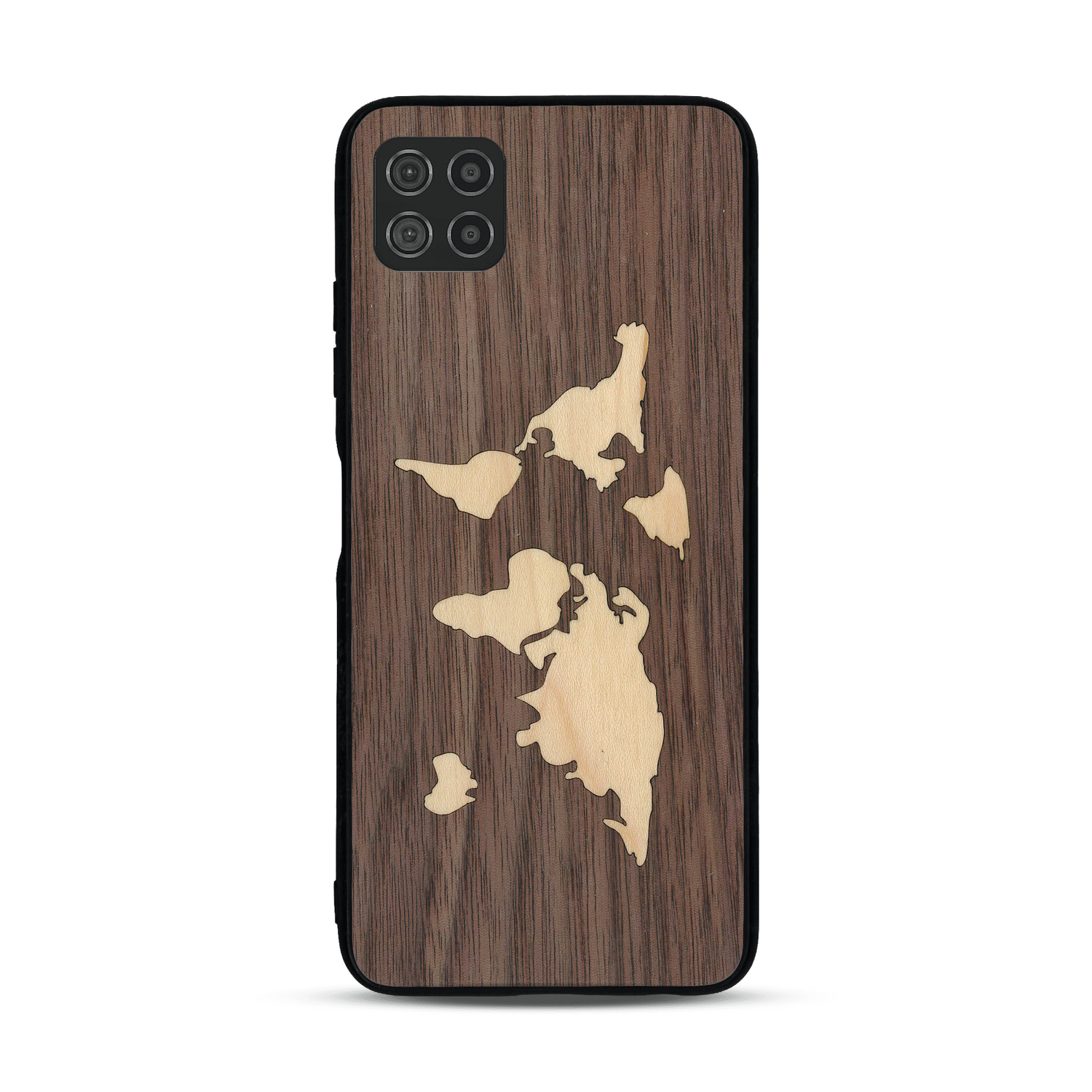 Coque de protection en bois véritable fabriquée en France pour  alliant du bambou et du noyer sur le thème du voyage et de l'aventure représentant une mappemonde