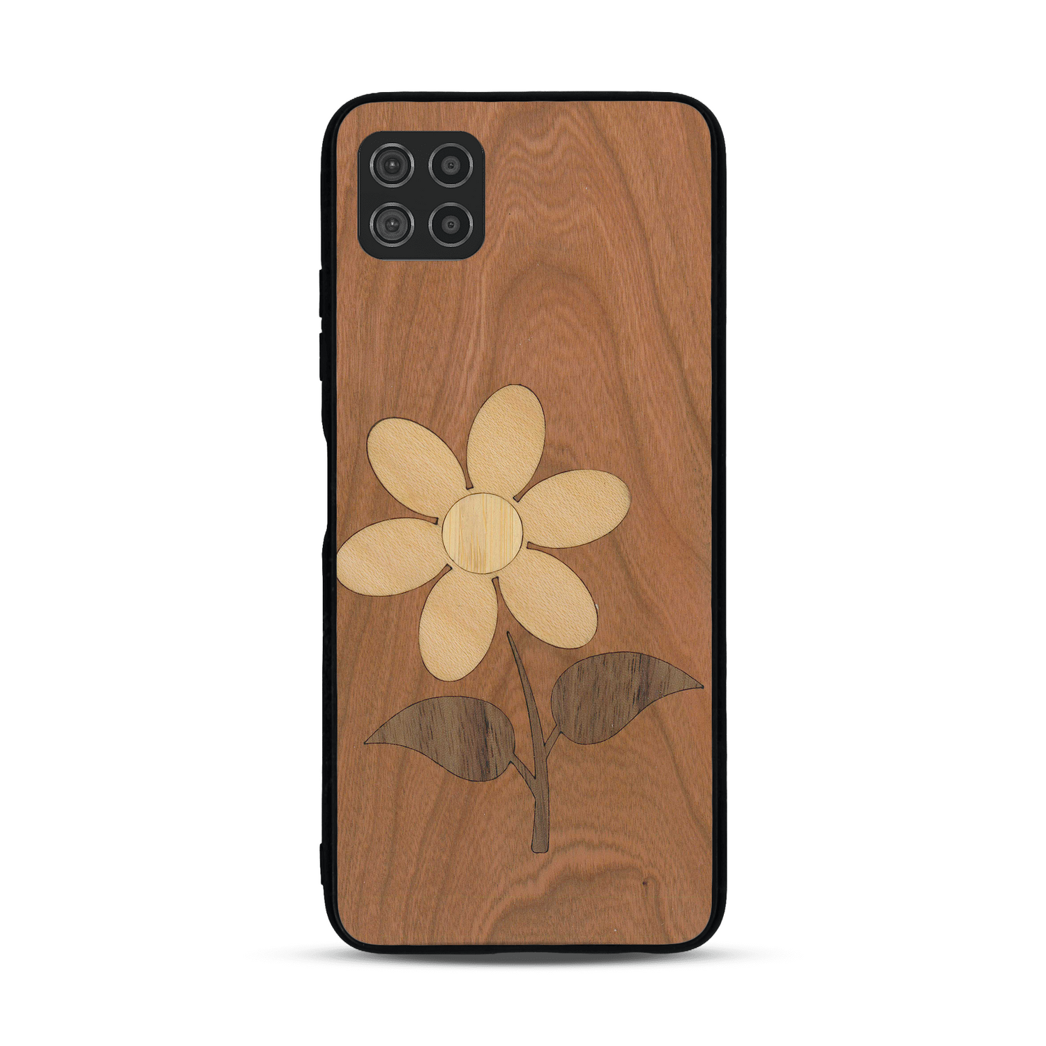 Coque de protection en bois véritable fabriquée en France pour  alliant plusieurs essences de bois pour représenter une marguerite
