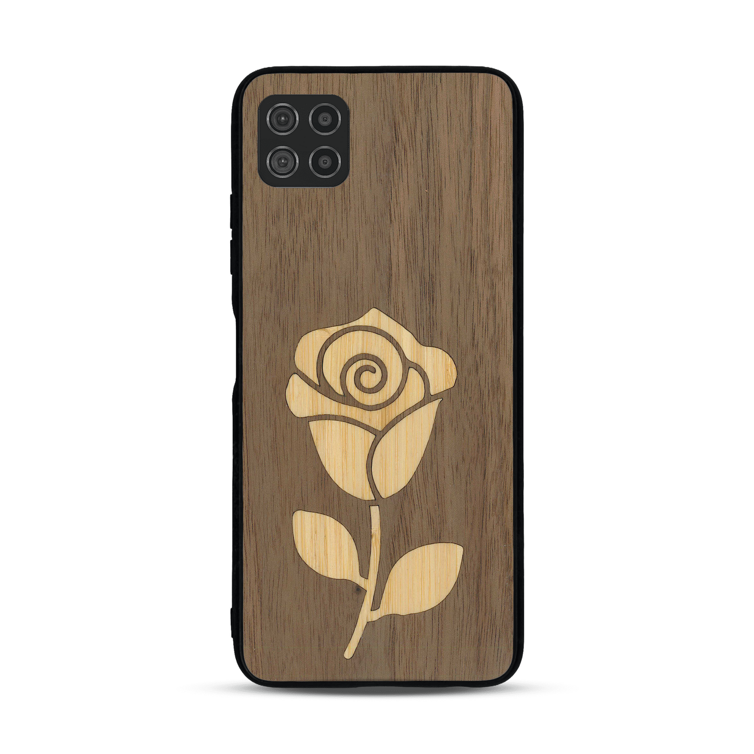 Coque de protection en bois véritable fabriquée en France pour  alliant plusieurs essences de bois pour représenter une rose