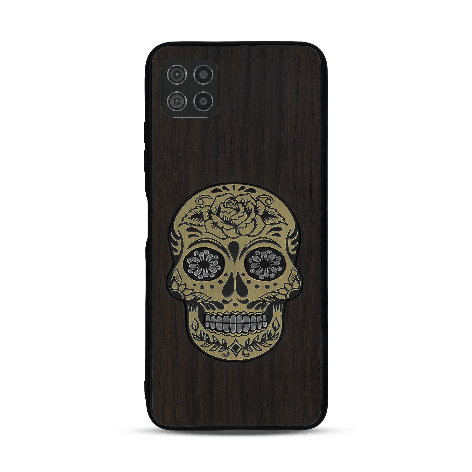 Coque de protection en bois véritable fabriquée en France pour  alliant du chêne fumé avec du métal argenté et doré représentant une tête de mort mexicaine sur le thème Dia de los Muertos