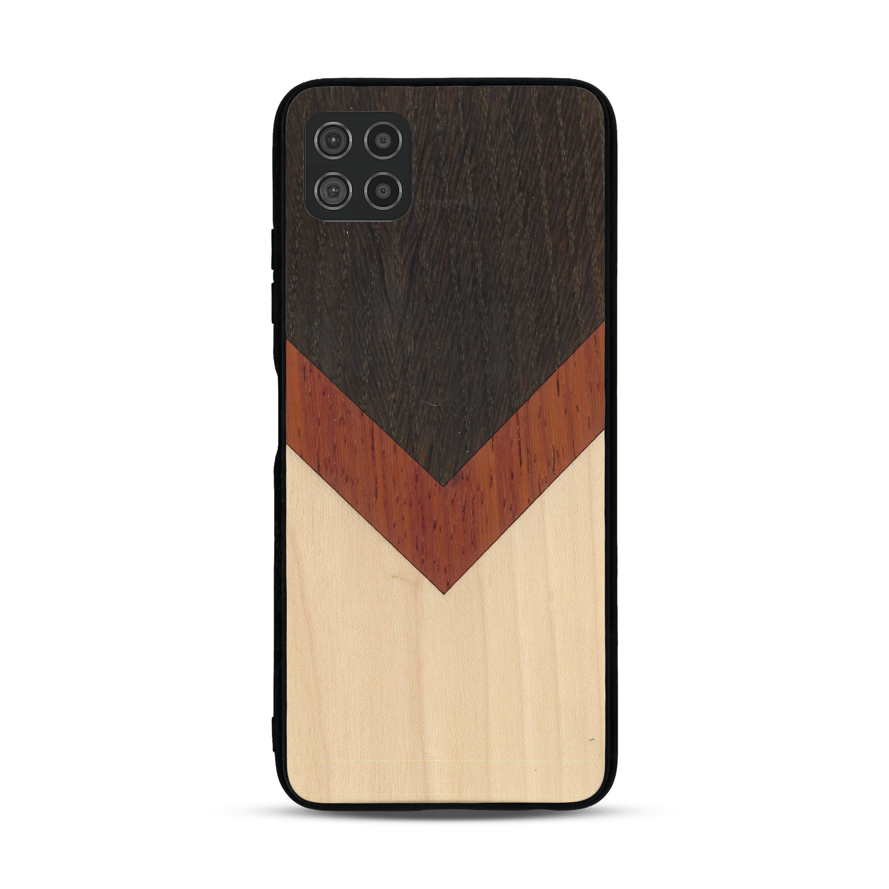 Coque de protection en bois véritable fabriquée en France pour  alliant du chêne fumé, du padouk et du bambou en forme de chevron sur le thème de l'art abstrait