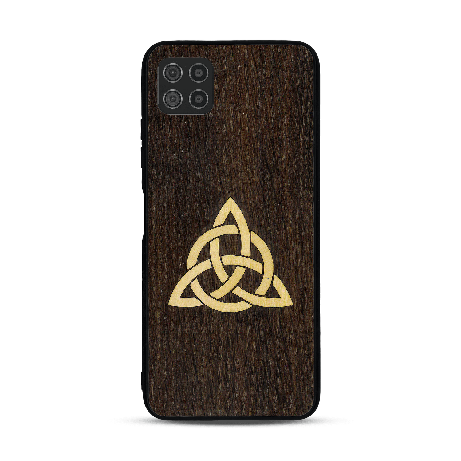 Coque de protection en bois véritable fabriquée en France pour  alliant du chêne fumé et du bambou représentant une triquetra