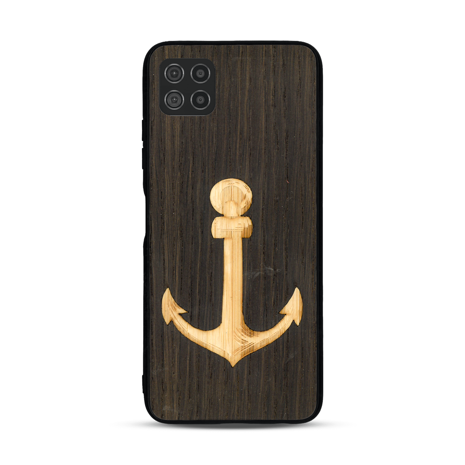 Coque de protection en bois véritable fabriquée en France pour  sur le thème nautique avec un bois clair et un bois foncé représentant une ancre de bateau