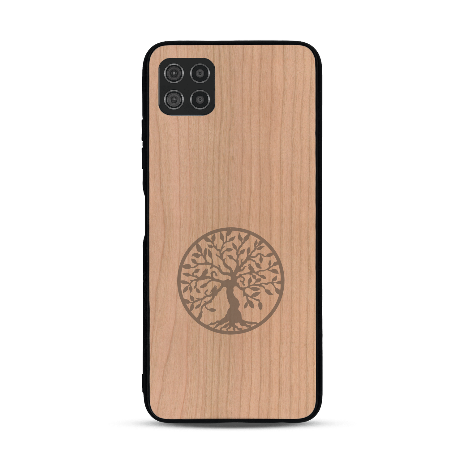 Coque de protection en bois véritable fabriquée en France pour  sur le thème de la spiritualité et du yoga avec une gravure zen représentant un arbre de vie
