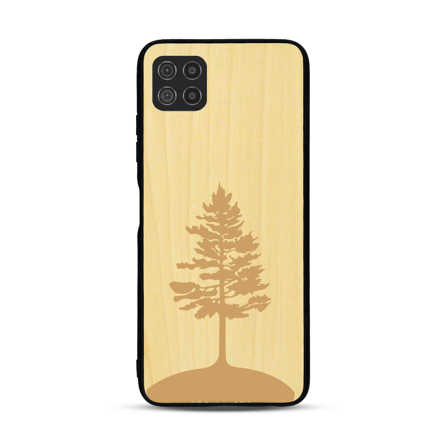 Coque de protection en bois véritable fabriquée en France pour  sur le thème de la nature, de la fôret et de l'écoresponsabilité avec une gravure représentant un arbre 