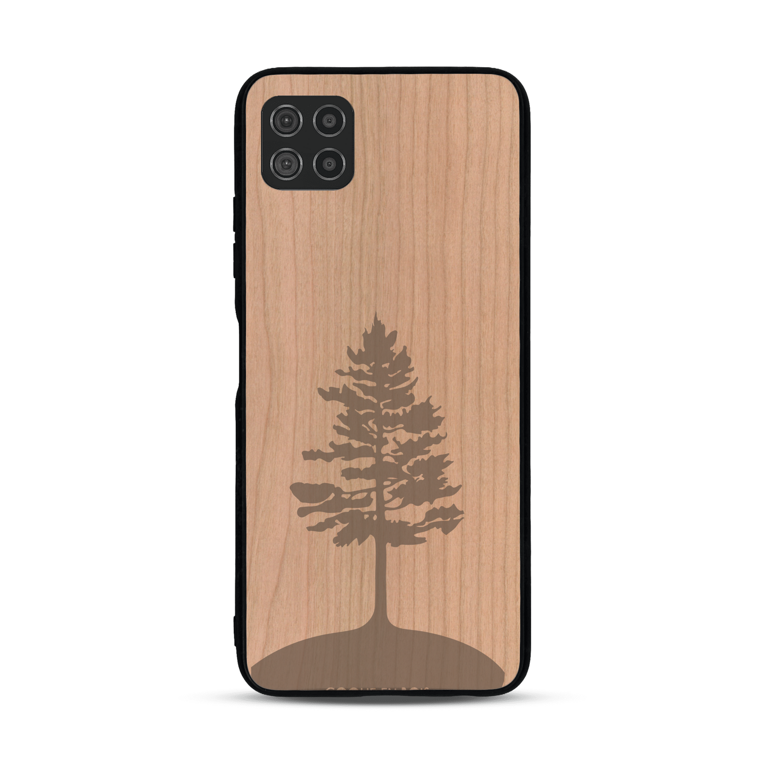 Coque de protection en bois véritable fabriquée en France pour  sur le thème de la nature, de la fôret et de l'écoresponsabilité avec une gravure représentant un arbre 