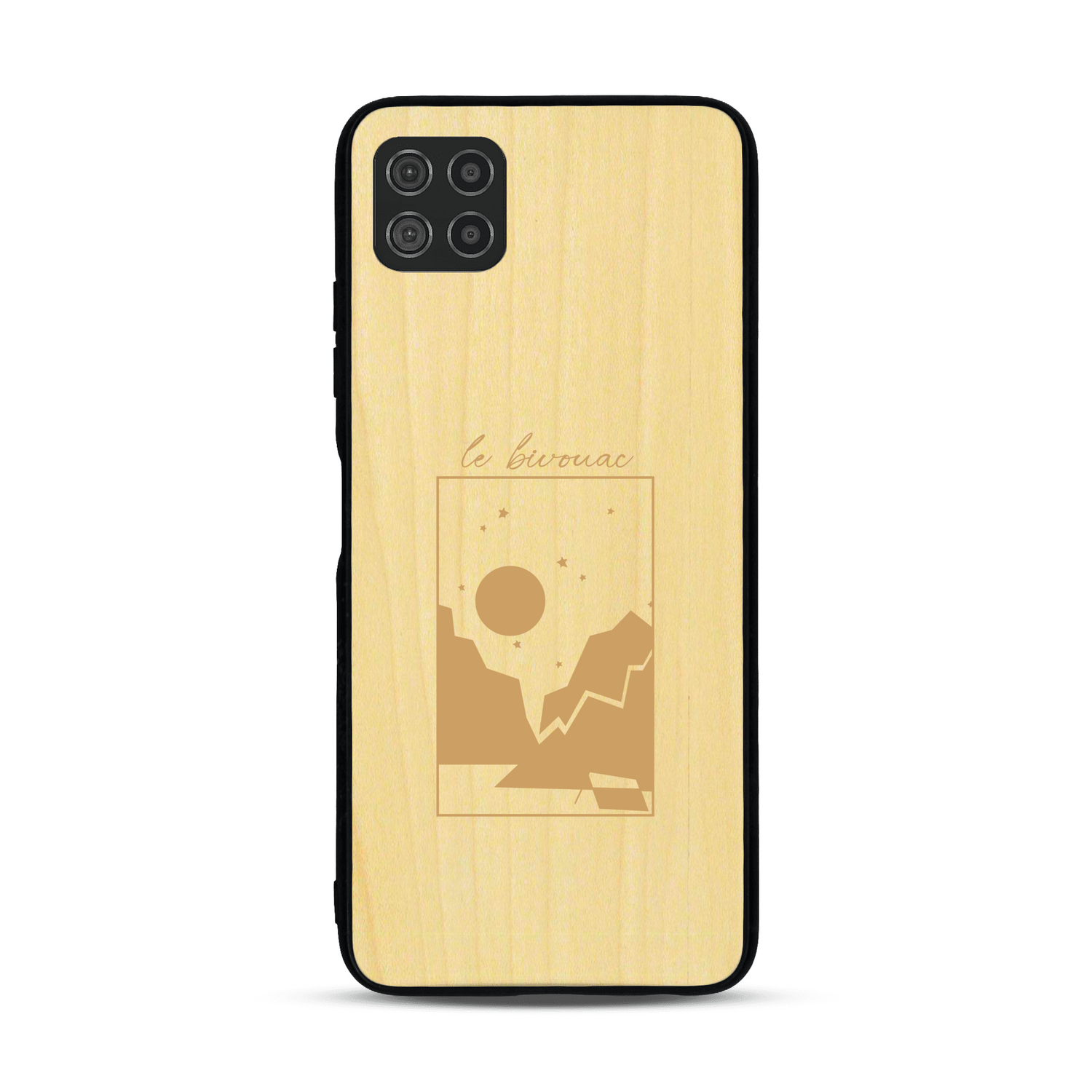 Coque de protection en bois véritable fabriquée en France pour  sur le thème du camping en pleine nature et du bivouac avec la phrase "Aventure is out there"