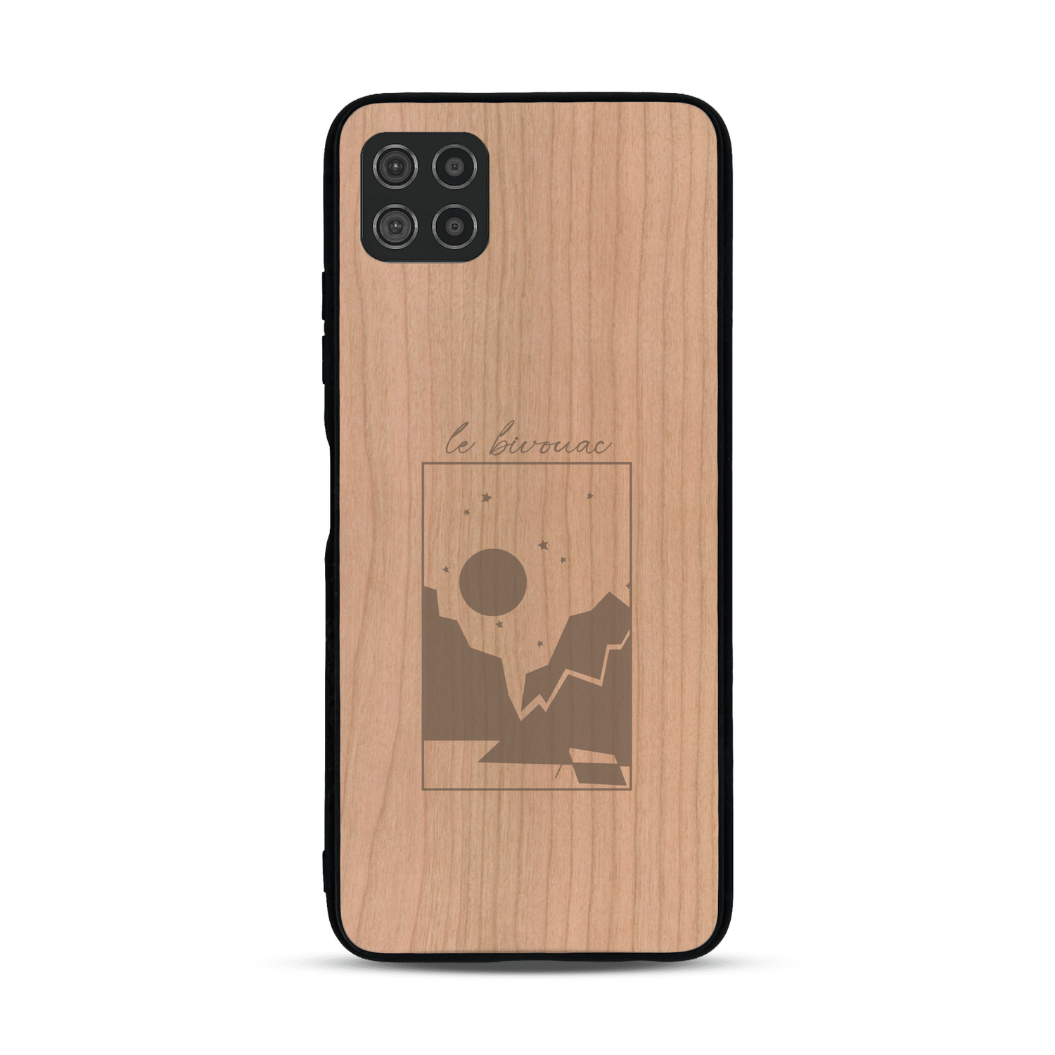 Coque de protection en bois véritable fabriquée en France pour  sur le thème du camping en pleine nature et du bivouac avec la phrase "Aventure is out there"