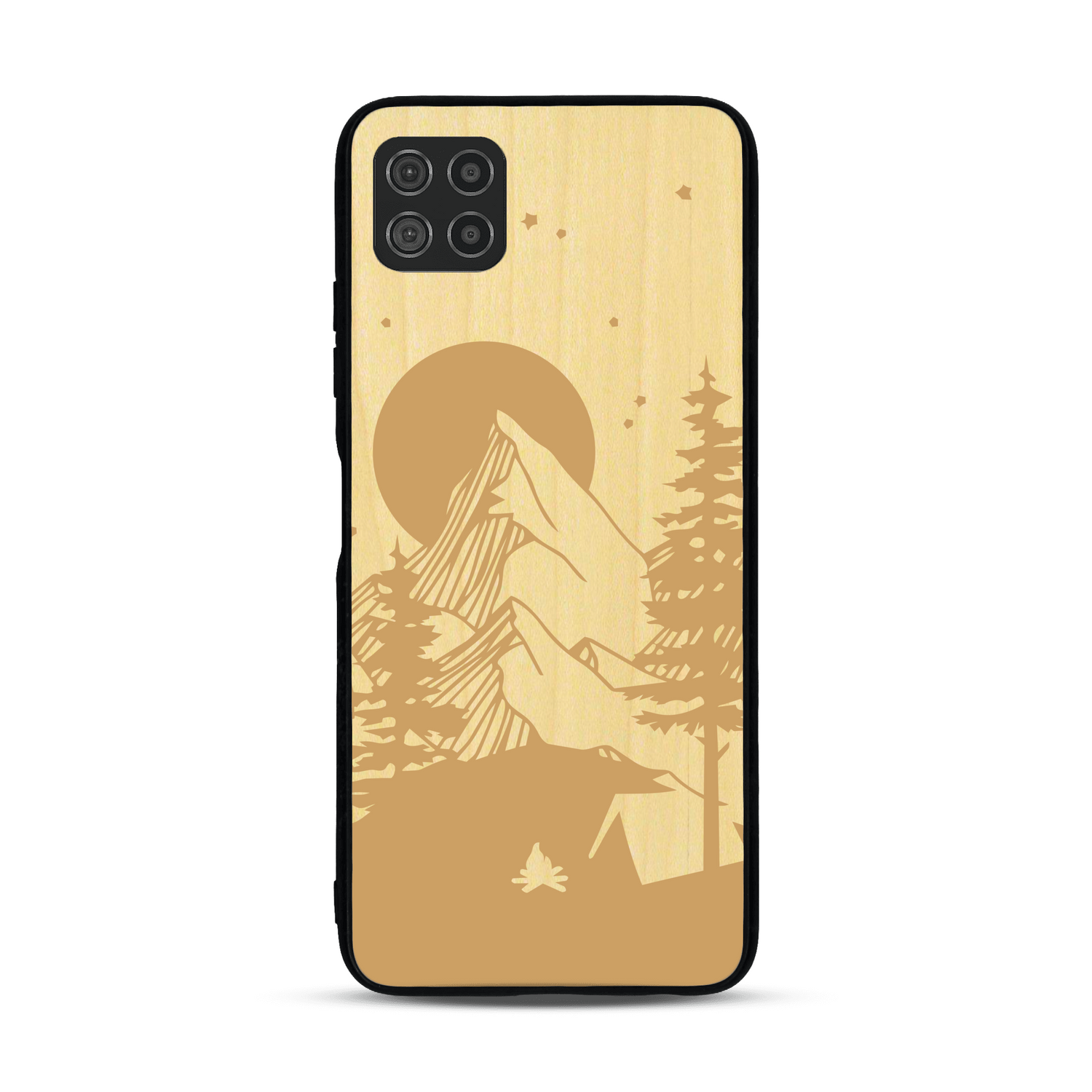 Coque de protection en bois véritable fabriquée en France pour  sur le thème du camping en pleine nature représentant une tente avec un feu de camp entouré de montagnes
