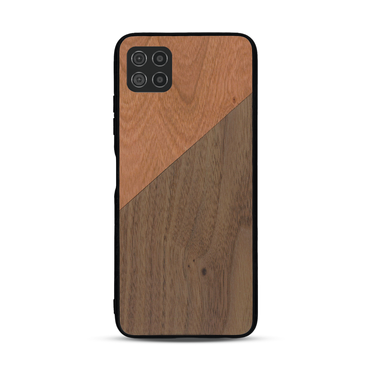 Coque de protection en bois véritable fabriquée en France pour  alliant du merisier et du noyer formant chacun un triangle avec une jointure en diagonale sur le thème de l'art abstrait
