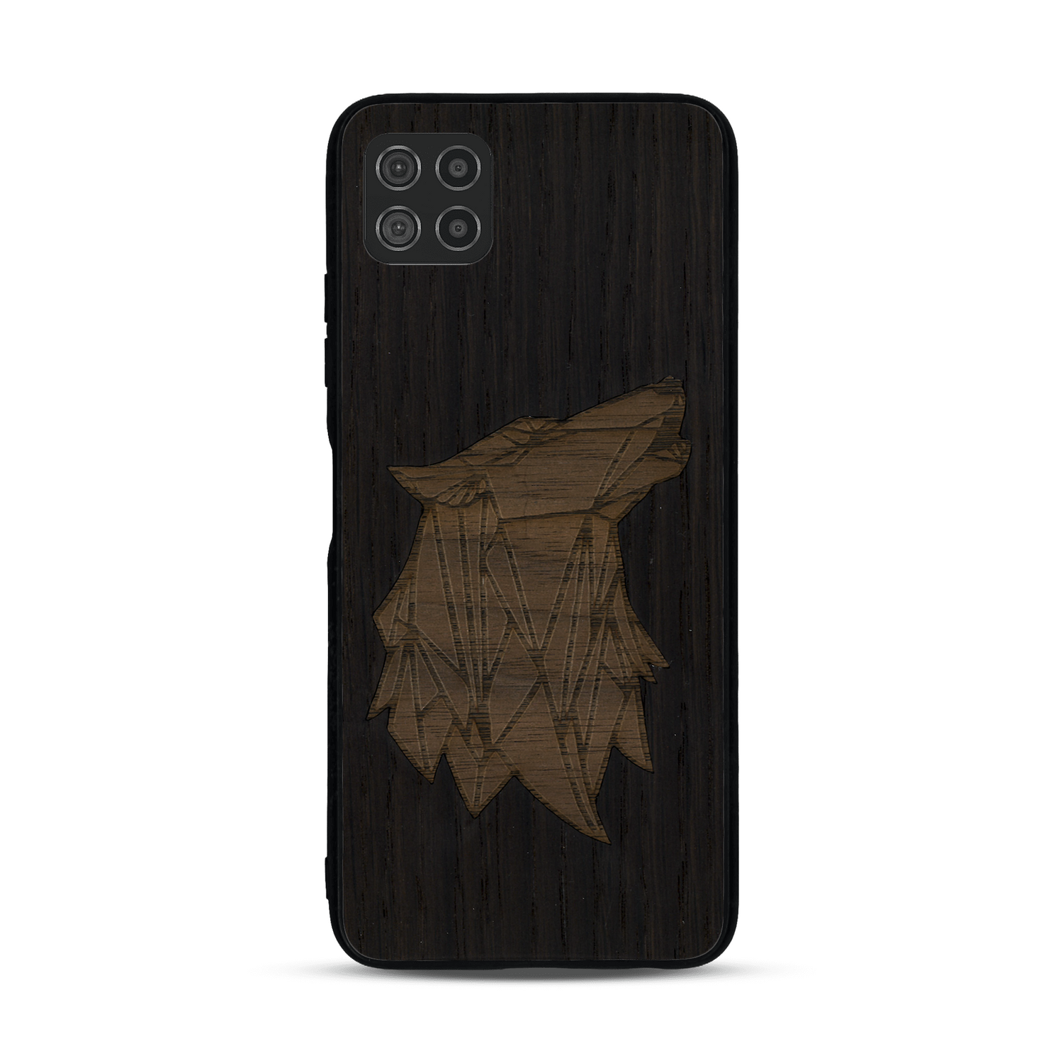 Coque de protection en bois véritable fabriquée en France pour  alliant du chêne fumé et du noyer représentant une tête de loup géométrique de profil sur le thème des animaux et de la nature