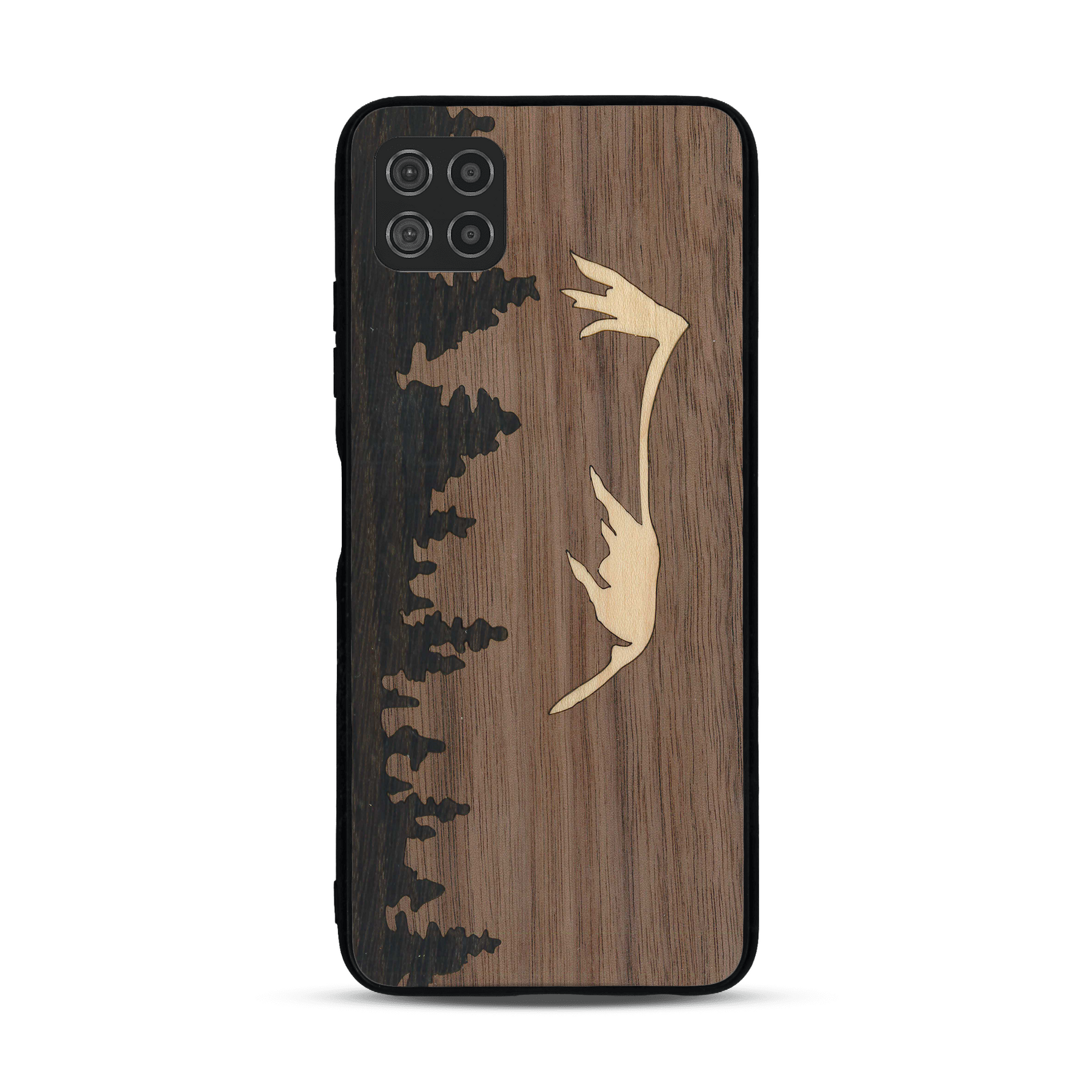 Coque de protection en bois véritable fabriquée en France pour  sur le thème de la nature et de la montagne qui allie du chêne fumé, du noyer et du bambou représentant le mont mézenc