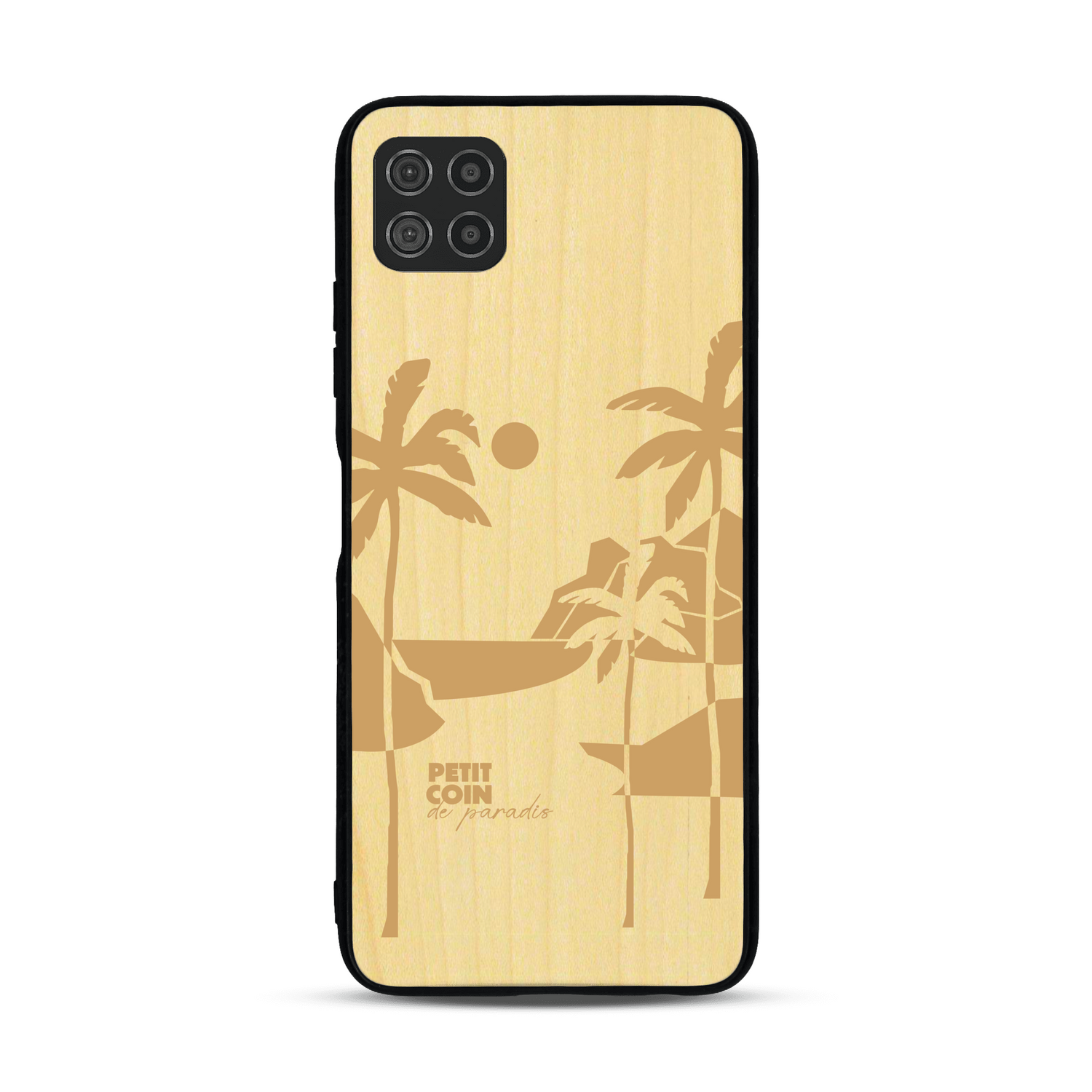 Coque de protection en bois véritable fabriquée en France pour  sur le thème des voyages en vans, vanlife et chill avec une gravure représentant un van vw combi devant le soleil couchant sur une plage avec des vagues