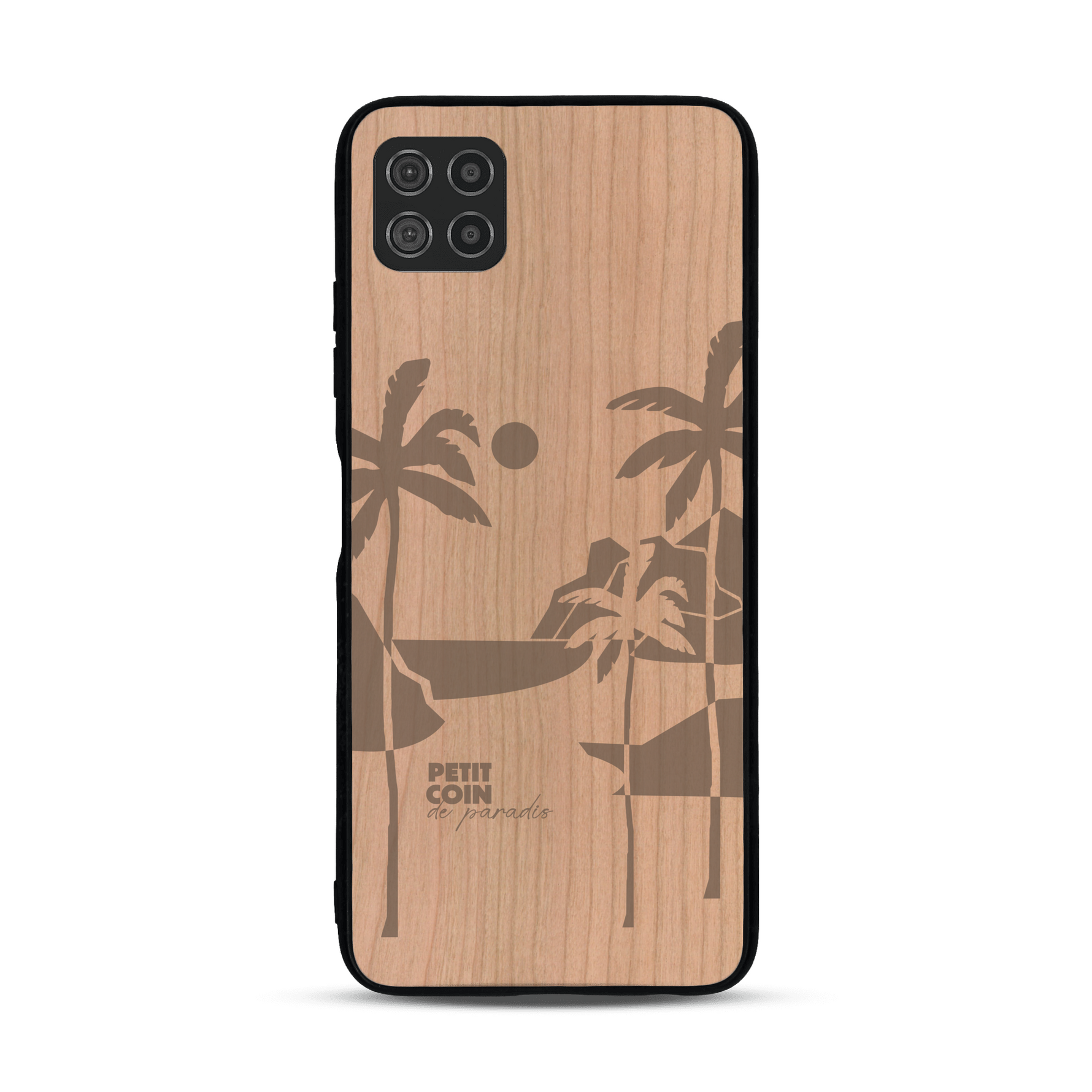 Coque de protection en bois véritable fabriquée en France pour  sur le thème des voyages en vans, vanlife et chill avec une gravure représentant un van vw combi devant le soleil couchant sur une plage avec des vagues
