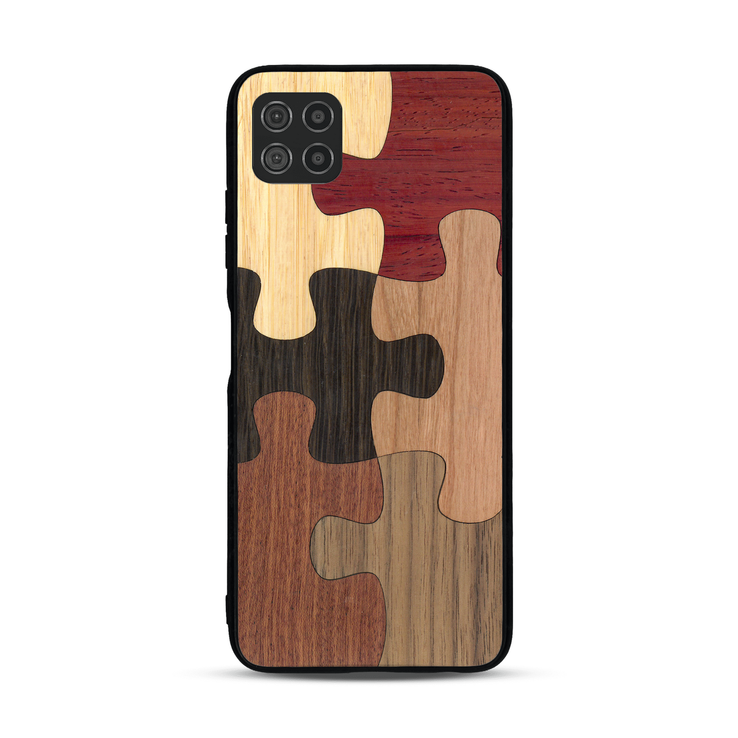 Coque de protection en bois véritable fabriquée en France pour  représentant un puzzle en six pièces qui allie du chêne fumé, du noyer, du bambou, du padouk, du merisier et de l'acajou
