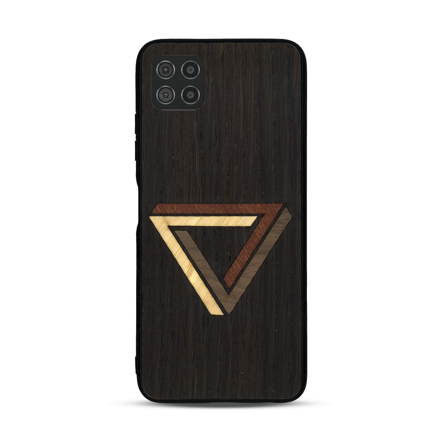Coque de protection en bois véritable fabriquée en France pour  sur le thème de l'art géométrique qui allie du chêne fumé, du noyer, du bambou et du padouk représentant le triangle de penrose