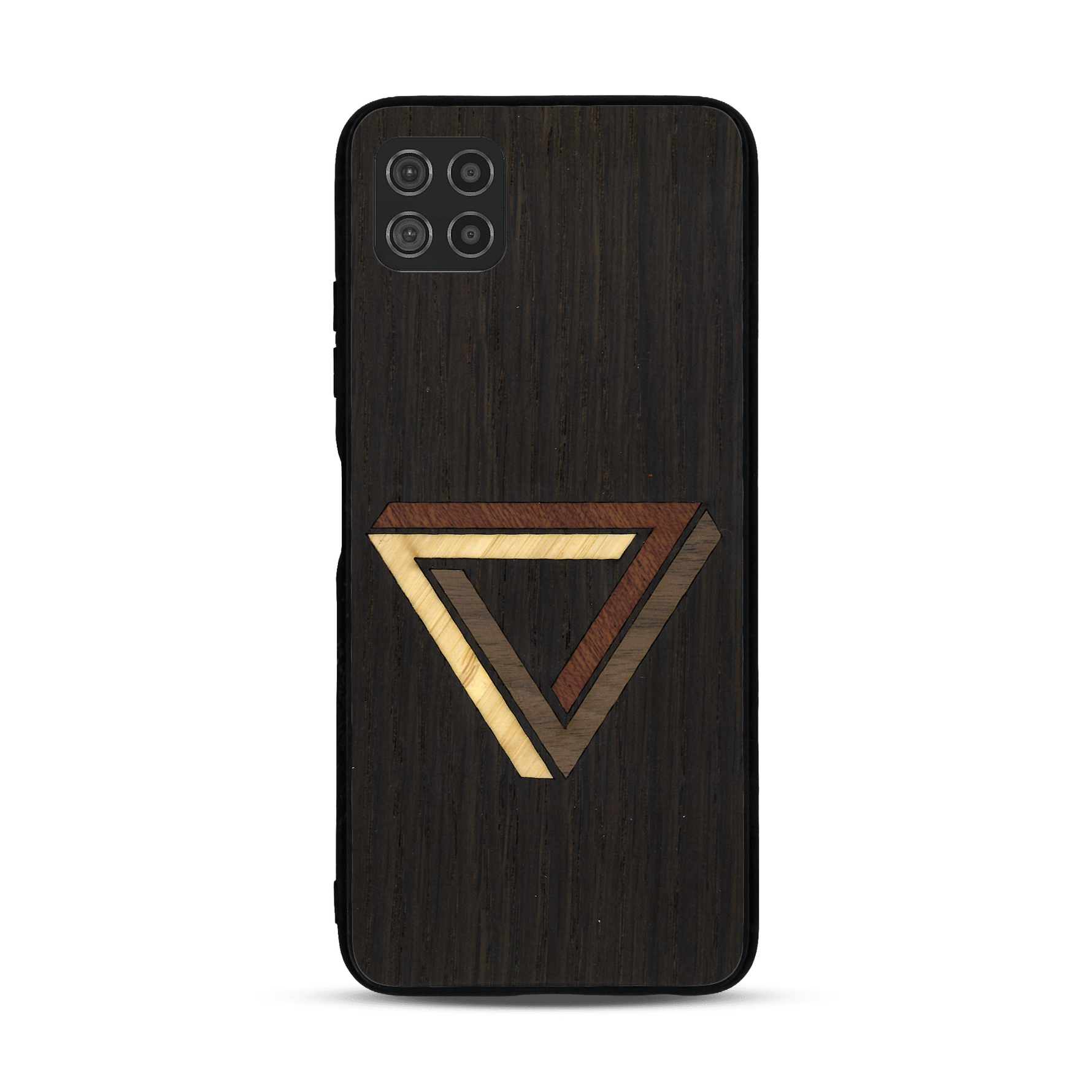 Coque de protection en bois véritable fabriquée en France pour  sur le thème de l'art géométrique qui allie du chêne fumé, du noyer, du bambou et du padouk représentant le triangle de penrose