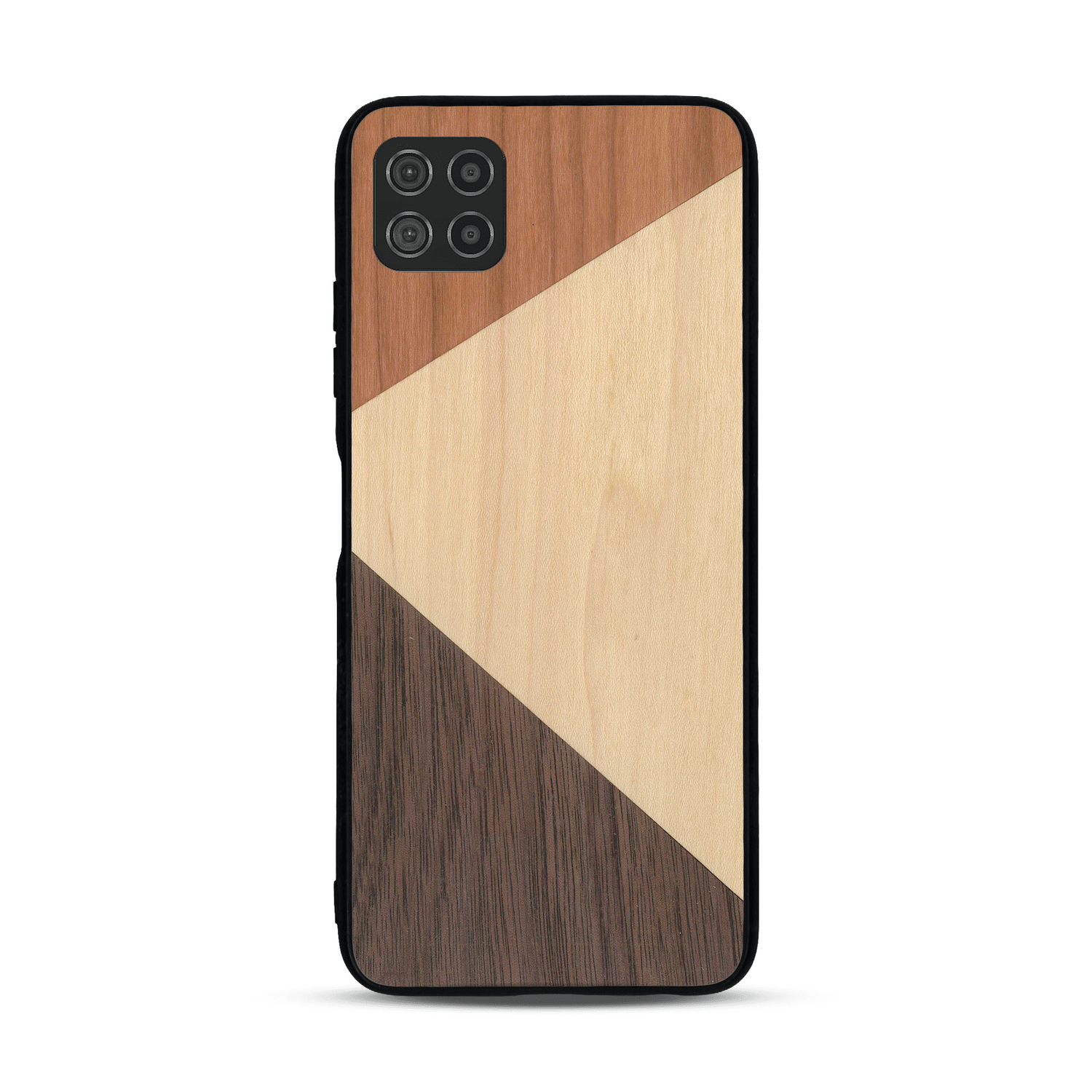 Coque de protection en bois véritable fabriquée en France pour  alliant du merisier, du noyer et du bambou formant chacun deux triangles et un trapèze avec deux jointures en diagonale sur le thème de l'art abstrait