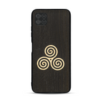 Coque de protection en bois véritable fabriquée en France pour  alliant du chêne fumé et du bambou et doré représentant un triskell