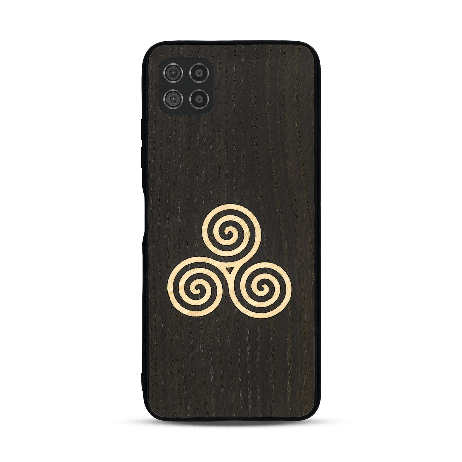 Coque de protection en bois véritable fabriquée en France pour  alliant du chêne fumé et du bambou et doré représentant un triskell