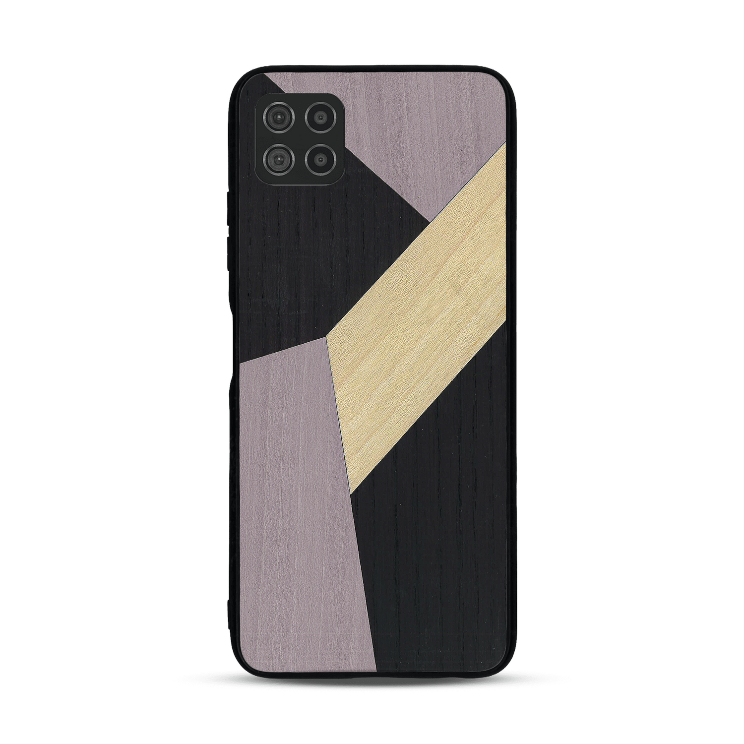 Coque de protection en bois véritable fabriquée en France pour  alliant du bambou, du tulipier mauve et noir en forme de mosaïque minimaliste sur le thème de l'art abstrait