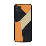 Coque de protection en bois véritable fabriquée en France pour  alliant du bambou, du tulipier orange et noir en forme de mosaïque minimaliste sur le thème de l'art abstrait