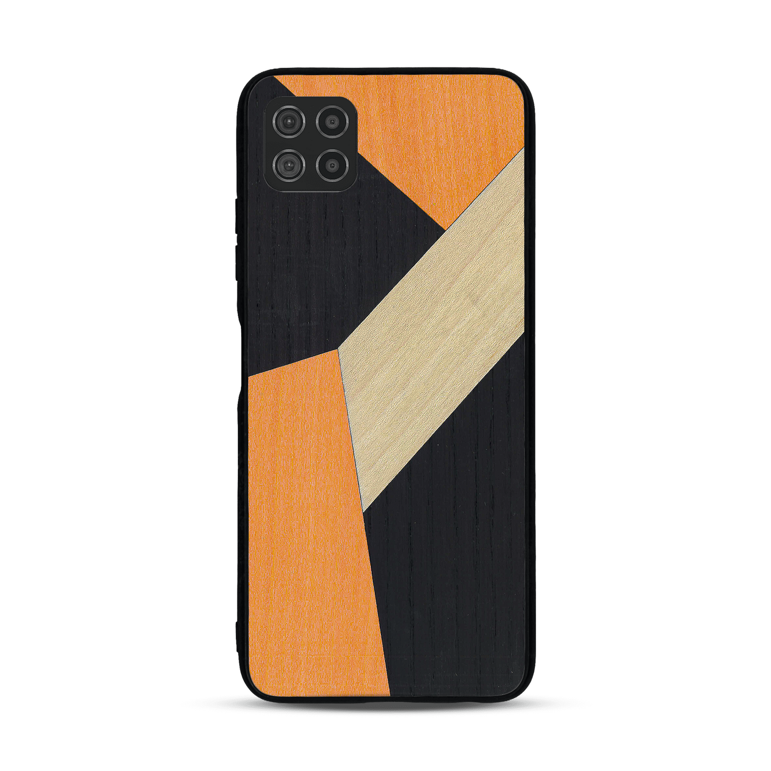Coque de protection en bois véritable fabriquée en France pour  alliant du bambou, du tulipier orange et noir en forme de mosaïque minimaliste sur le thème de l'art abstrait