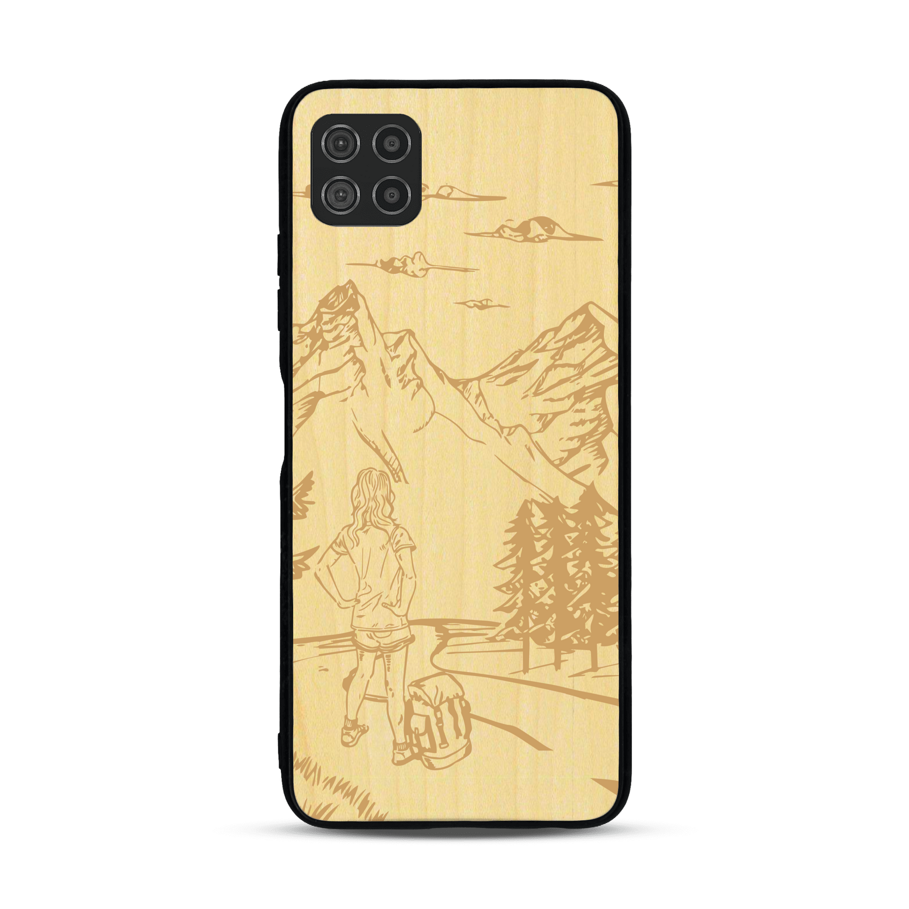 Coque de protection en bois véritable fabriquée en France pour  sur le thème de la randonnée en montagne et de l'aventure avec une gravure représentant une femme de dos face à un paysage de nature