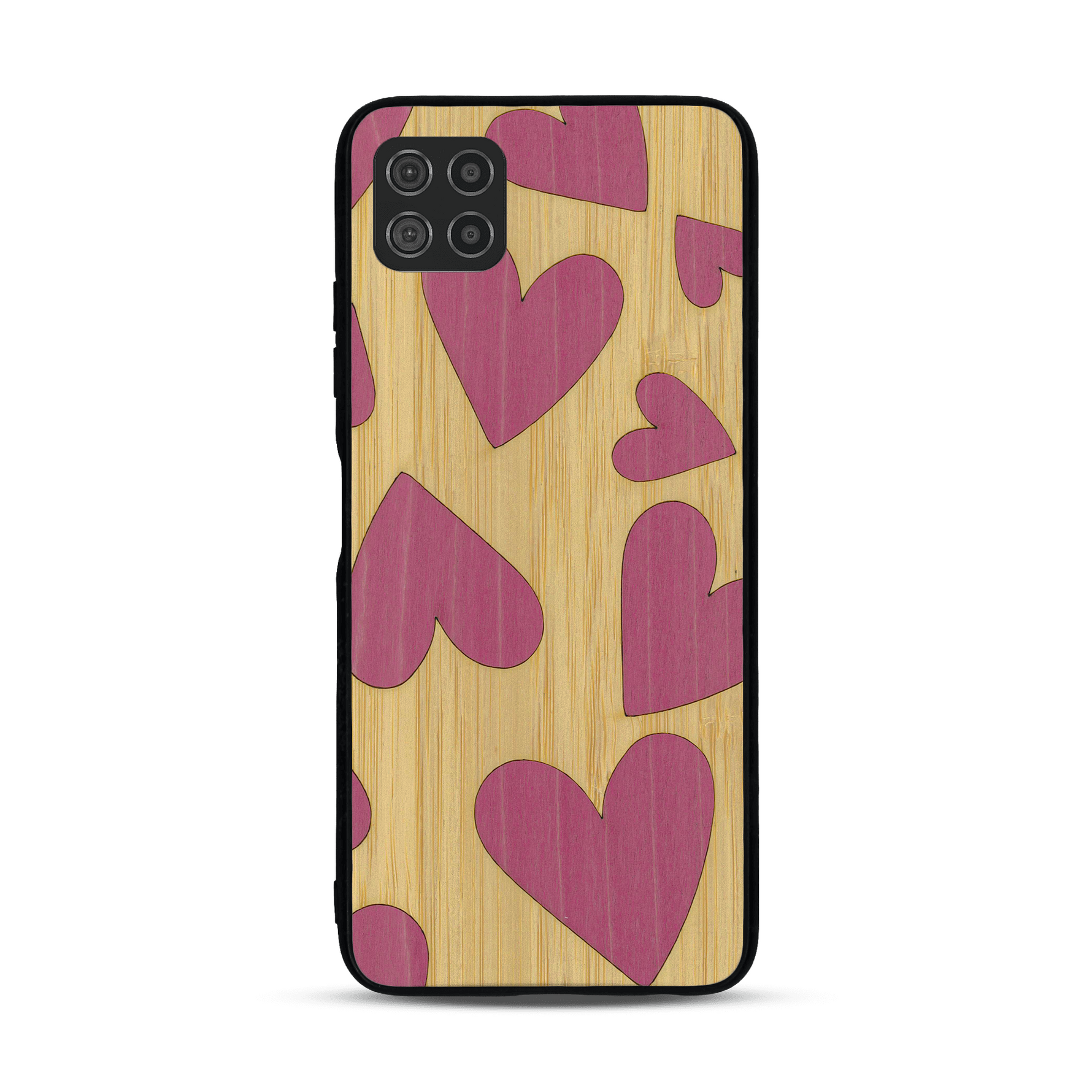 Coque de protection en bois véritable fabriquée en France pour  alliant plusieurs essences de bois pour représenter des coeurs pour les amoureux