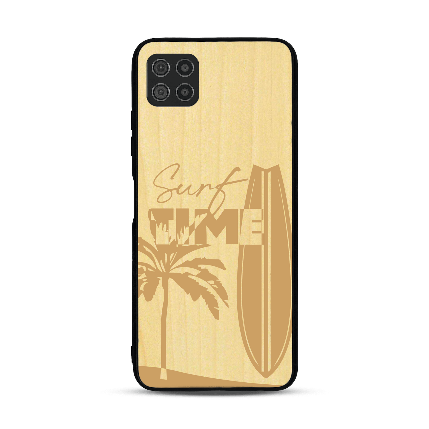 Coque de protection en bois véritable fabriquée en France pour  sur le thème chill avec un motif représentant une silouhette tenant une planche de surf sur une plage entouré de palmiers et les mots "Surf Time Long Beach Miami"