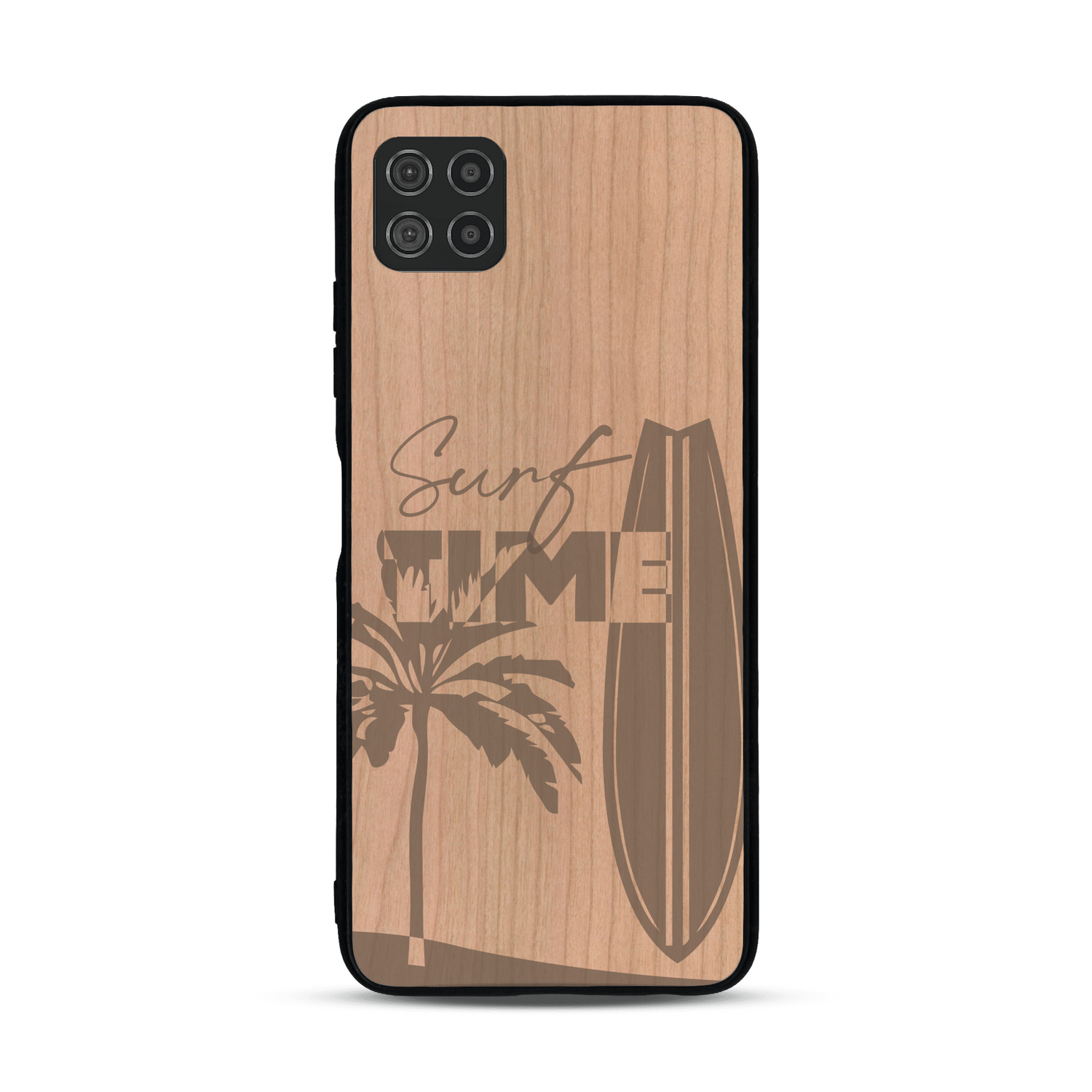Coque de protection en bois véritable fabriquée en France pour  sur le thème chill avec un motif représentant une silouhette tenant une planche de surf sur une plage entouré de palmiers et les mots "Surf Time Long Beach Miami"