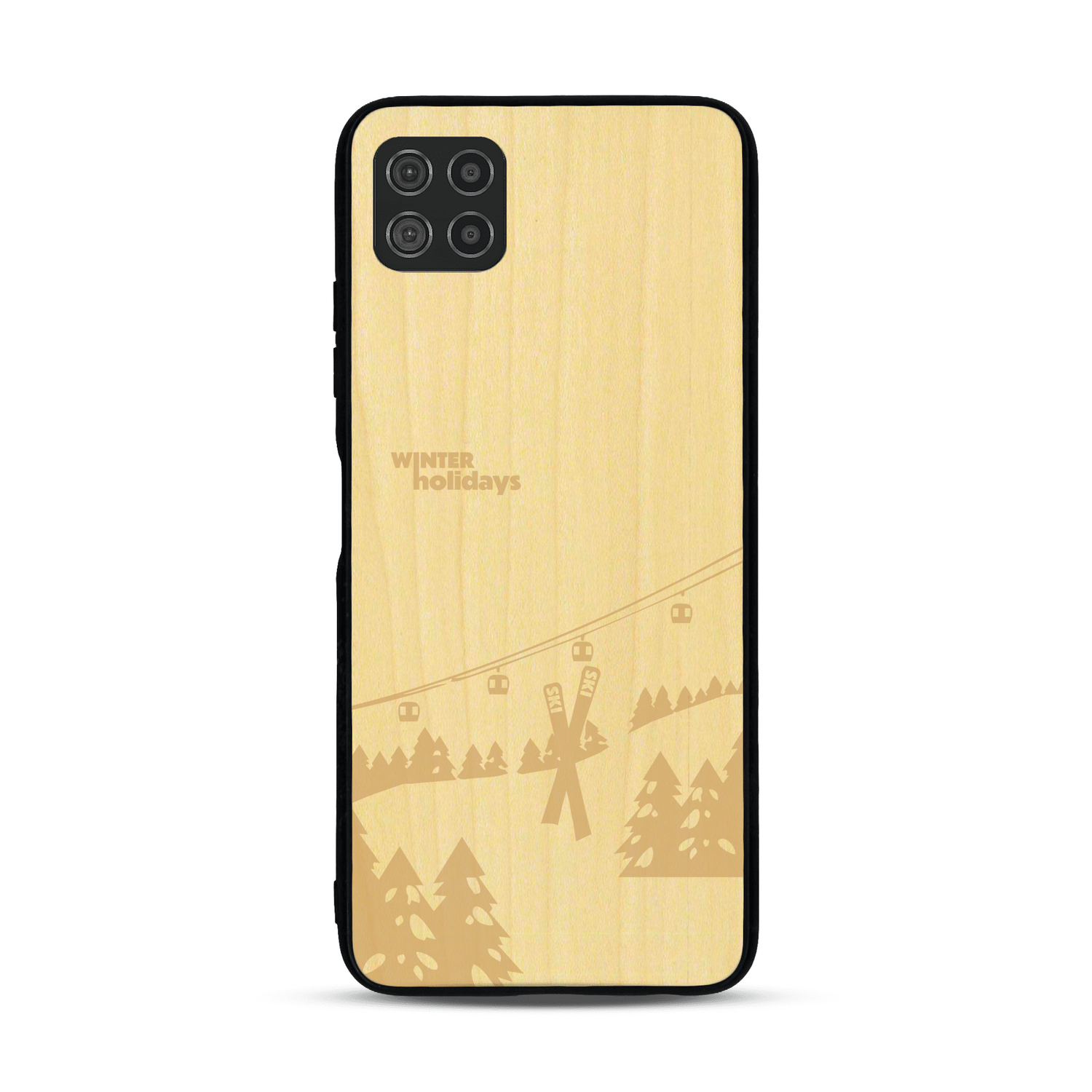 Coque de protection en bois véritable fabriquée en France pour  sur le thème de la montagne, du ski et de la neige avec un motif représentant une paire de ski plantée dans la neige avec en fond des montagnes enneigées