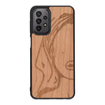Coque de protection en bois véritable fabriquée en France pour Samsung A23 représentant une silhouette féminine épurée de type line art en collaboration avec l'artiste Maud Dabs