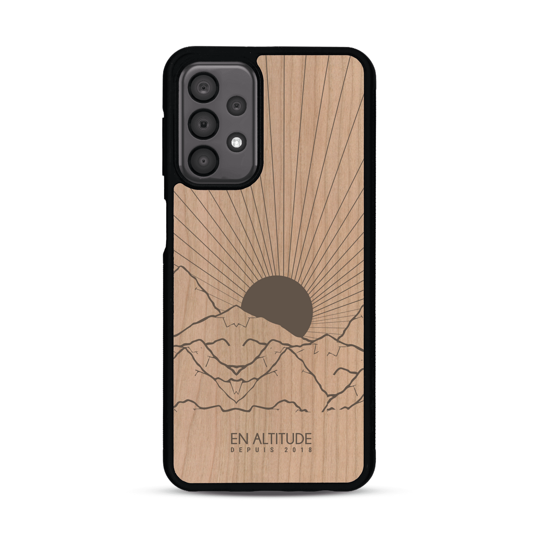 Coque de protection en bois véritable fabriquée en France pour  représentant des montagnes, sur le thème de la randonnée en pleine nature et du trail