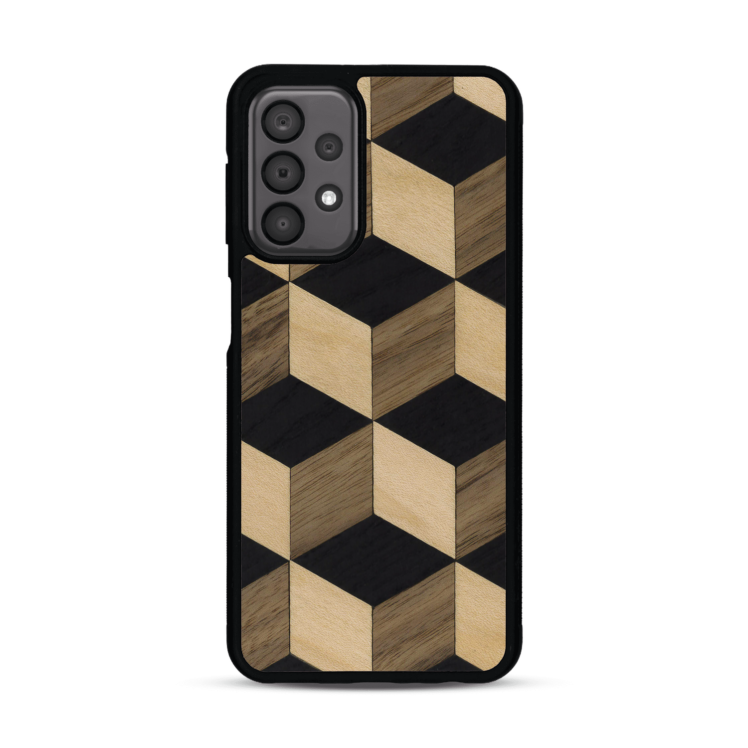 Coque de protection en bois véritable fabriquée en France pour Samsung A23 alliant plusieurs essences de bois pour représenter un classique intemporel de la marqueterie