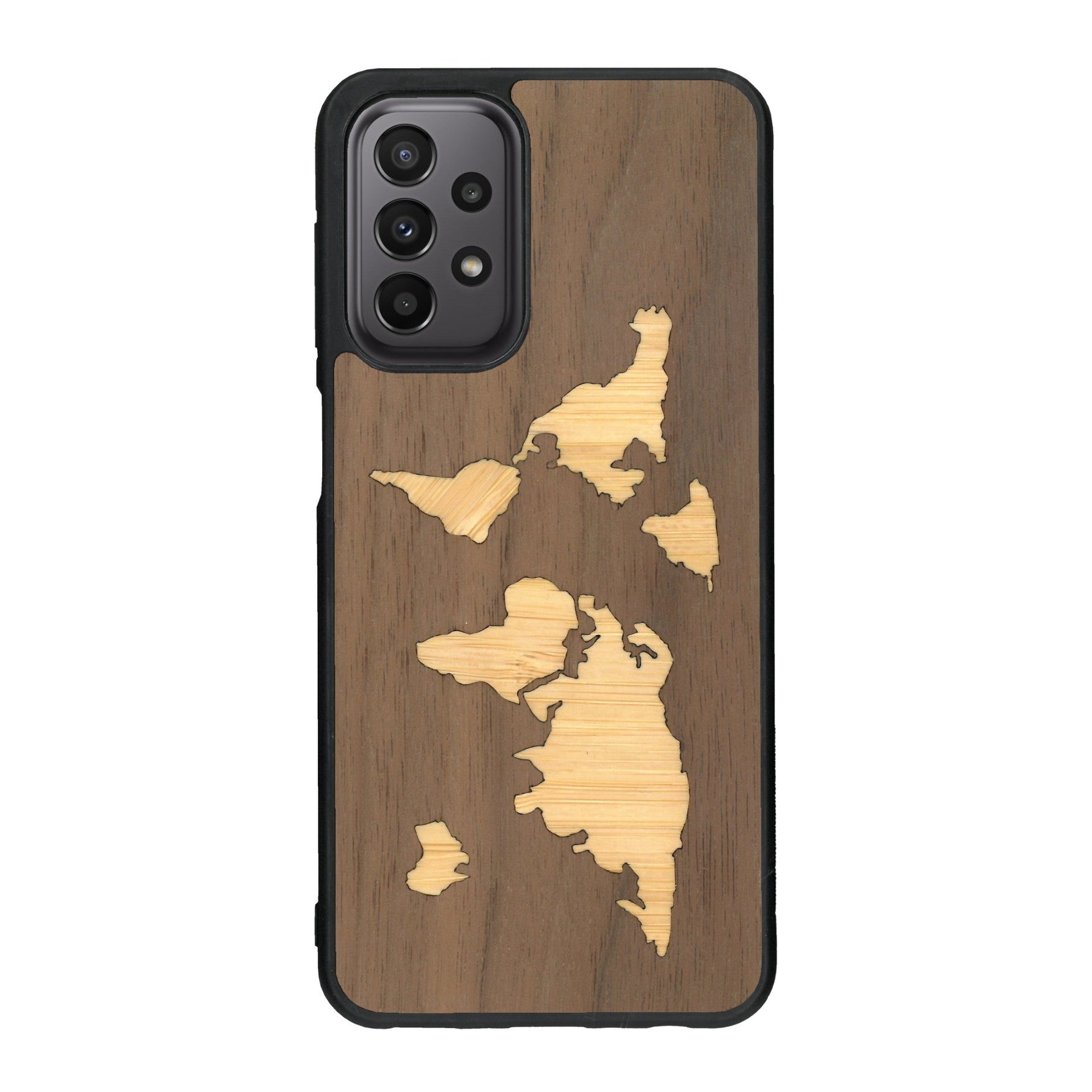 Coque de protection en bois véritable fabriquée en France pour Samsung A23 alliant du bambou et du noyer sur le thème du voyage et de l'aventure représentant une mappemonde