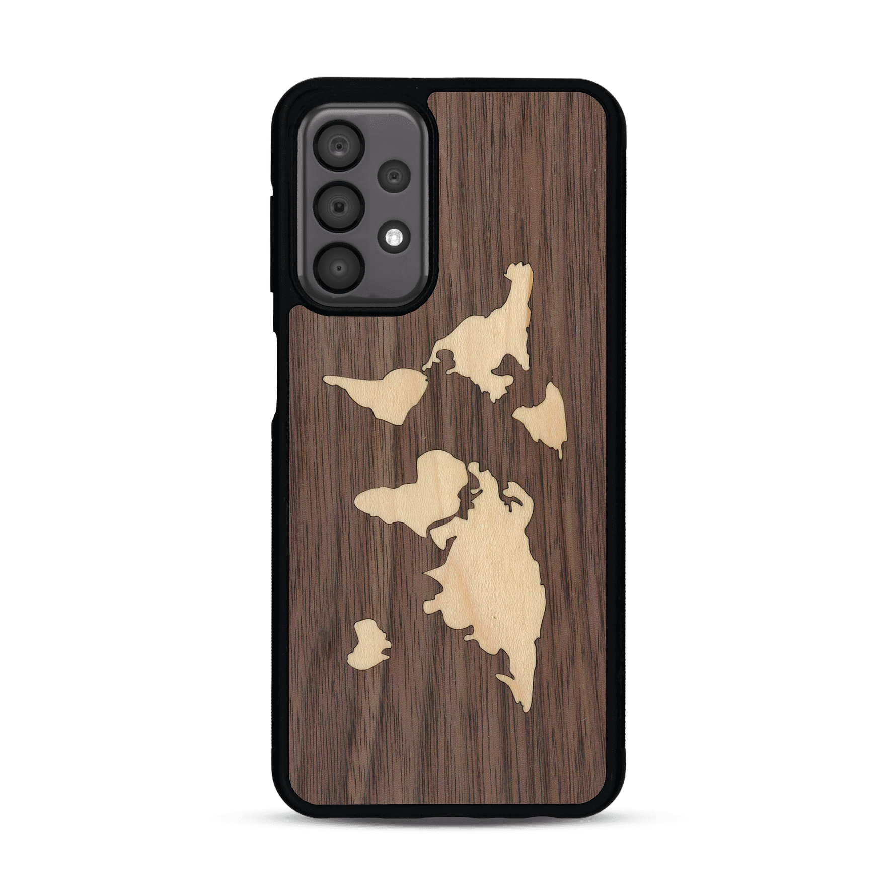 Coque de protection en bois véritable fabriquée en France pour  alliant du bambou et du noyer sur le thème du voyage et de l'aventure représentant une mappemonde