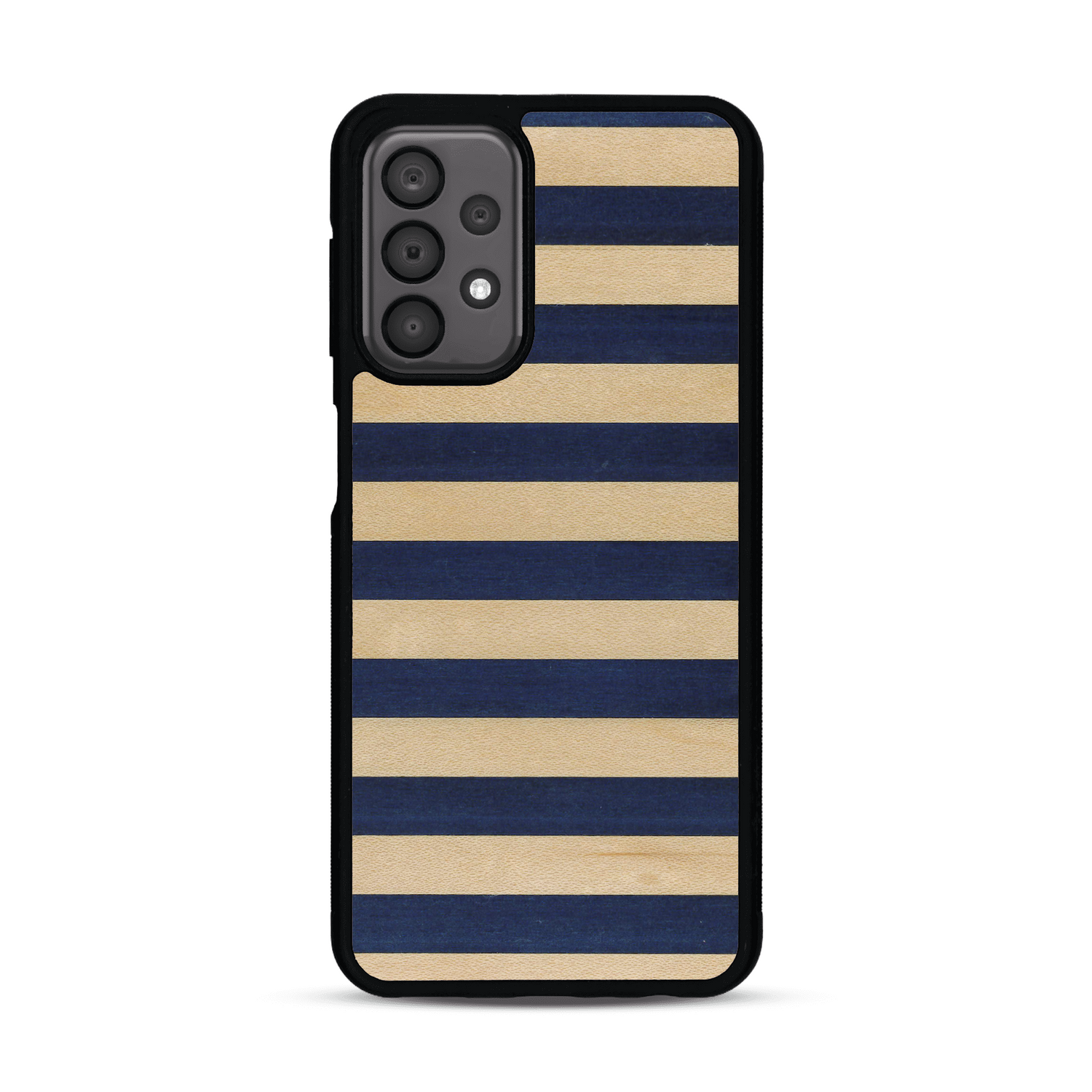 Coque de protection en bois véritable fabriquée en France pour Samsung A23 alliant plusieurs essences de bois pour représenter une marinière