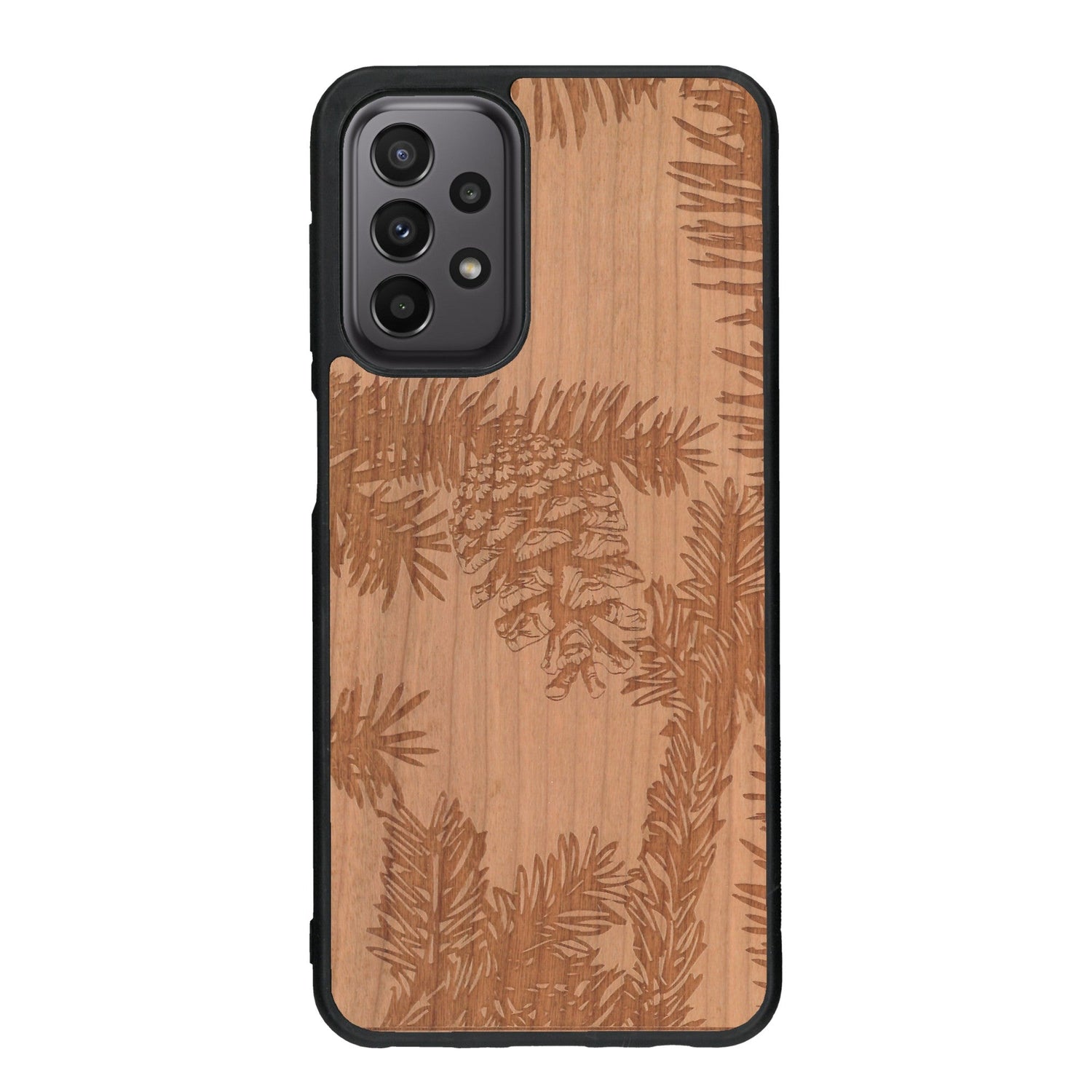 Coque de protection en bois véritable fabriquée en France pour Samsung A23 sur le thème de la nature des arbres avec un motif de gravure représentant des épines de sapin et des pommes de pin